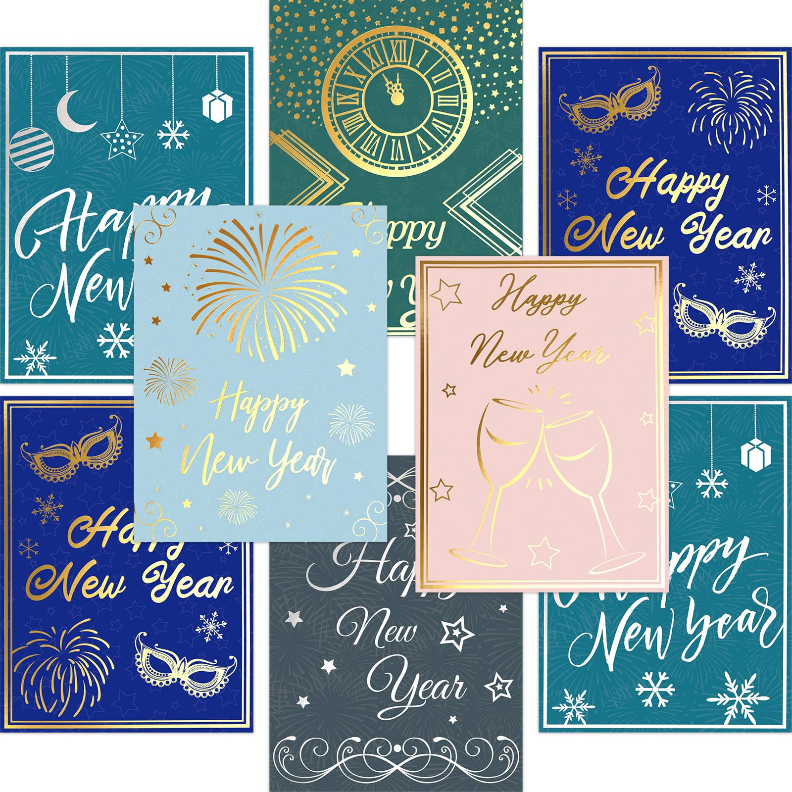 Happy New Year Cards with Envelopes 24PCS 2026 Gold Silver Foil New Year Greeting Cards Blank Inside
