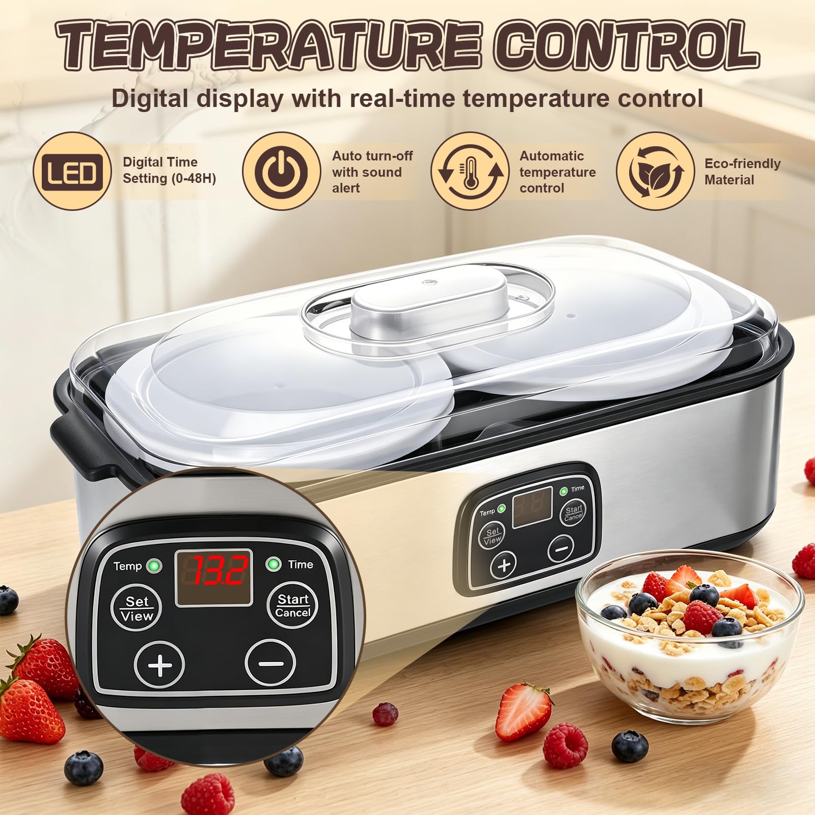 Yogurtiera Elettrica con Lcd Display, Macchina per Yogurt 2l, Yogurtiera con Timer e Controllo Della Temperatura, BPA Free, Yogurt Maker per Yogurt Greco, Formaggio, Natto, Vino Di Riso