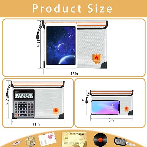 Miniatura 3 de Bolsa de documentos ignífuga 2200F5200F, 11×7.8 pulgadas con cremallera y tira reflectante, bolsa aislante térmicaimpermeable para efectivo,