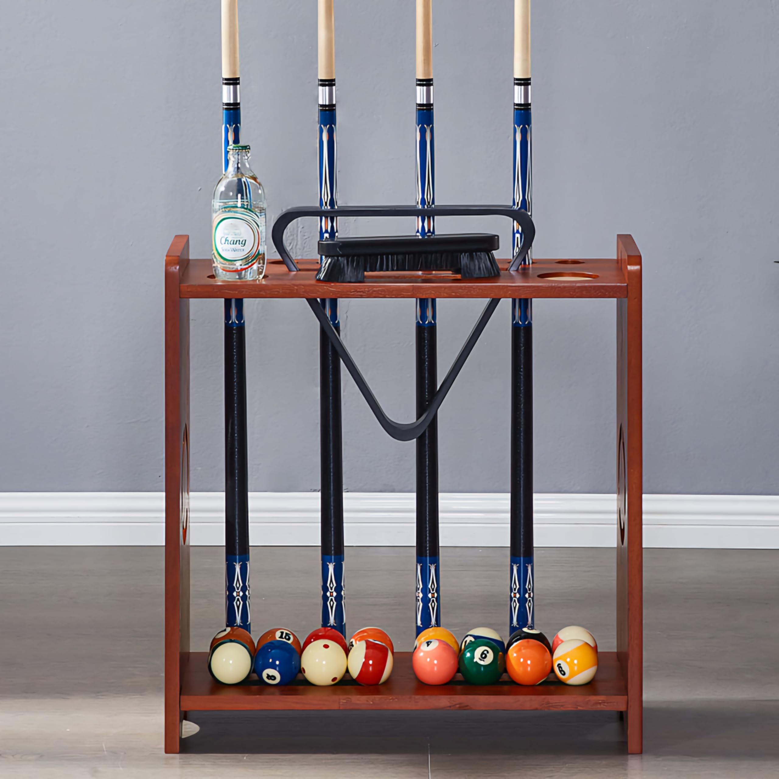 RUP Pool Cue Rack, Wooden 8-Cue Holder with Ball Storage, Drink Holders and Billiard & Snooker Cue Rack Stand (Accessories not included) 3