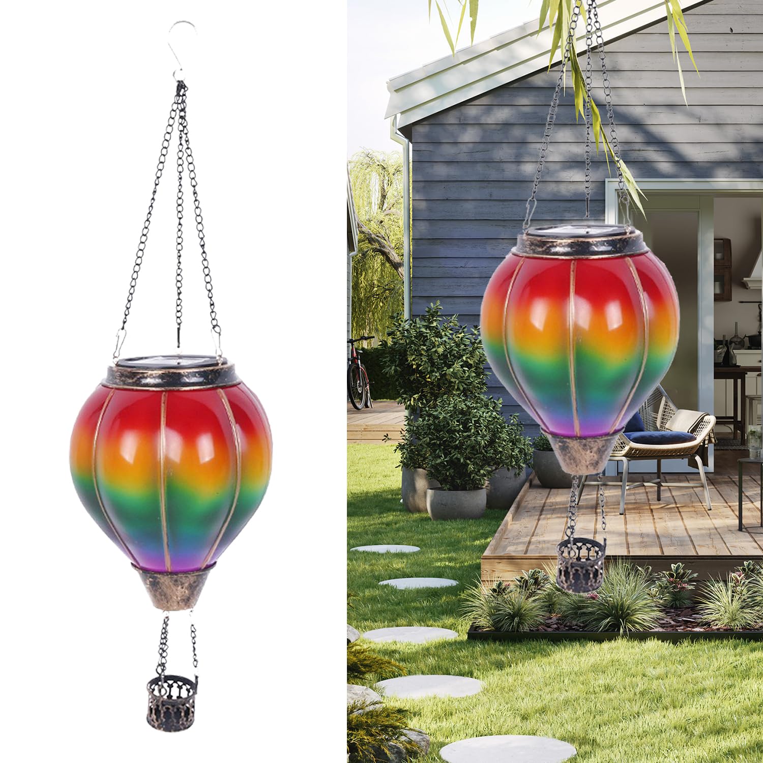 Hanging Weatherproof Colourful Hot Air Balloon Solar Light, Flaming Effect Solar Hot Air Balloon Lantern, Solar Powered Hot Air Balloon Light Garden Ornaments Outdoor for Garden Patio Lighting (A)