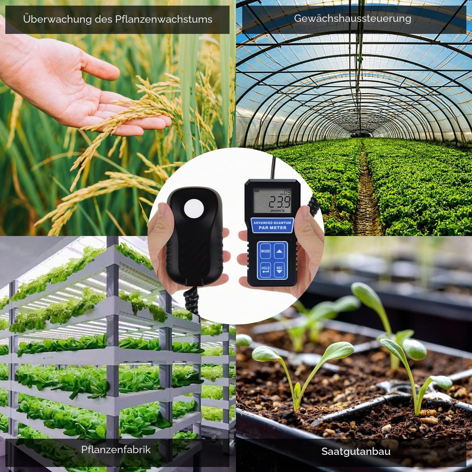 Handgehaltenes digitales Lichtmessgerät PAR-Meter zur Messung der photosynthetisch aktiven Strahlung (PPFD) für Pflanzenbeleuchtung und Hortikultur.