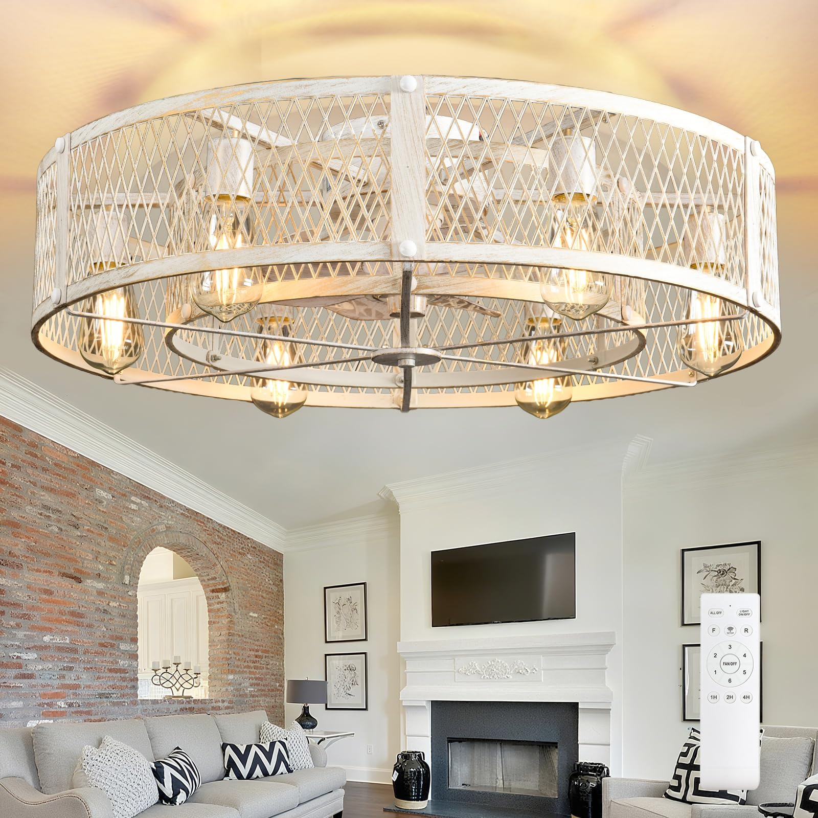 Depuley Caged Ceiling Fan with Light: 26 Inch White Cement Ceiling Fan with Remote Control for Bedroom - Quiet DC Motor Farmhouse Ceiling Fans for Rustic Kitchen Bedroom (E27 Bulbs Included)