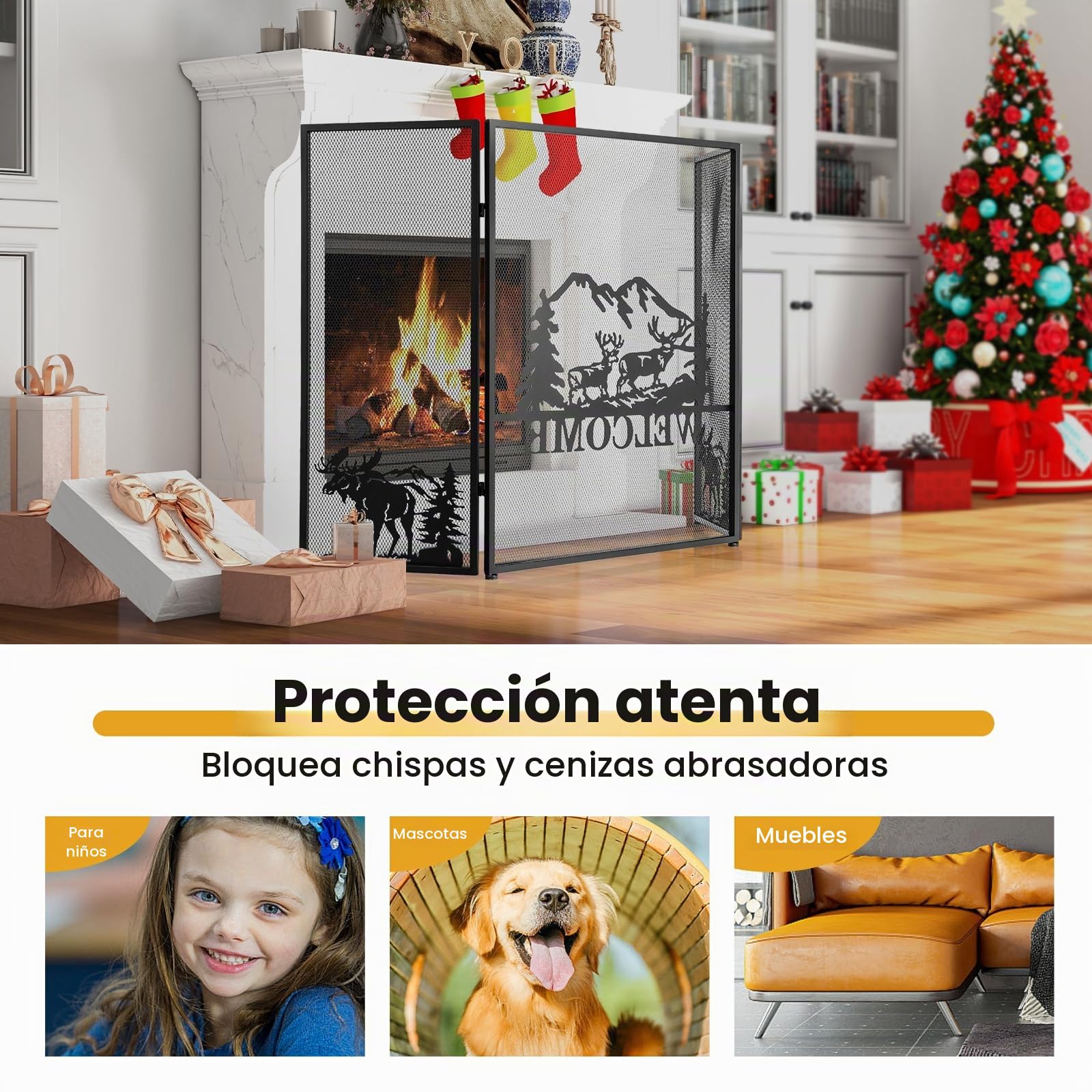 GIANTEX Pantalla de Chimenea Plegable con 3 Paneles, 132 x 79 cm, Salvachispas Chimenea de Metal para Aislamiento de Chispas y Cenizas, Rejilla Protector de Chimenea para Niños y Mascotas (Welcome)