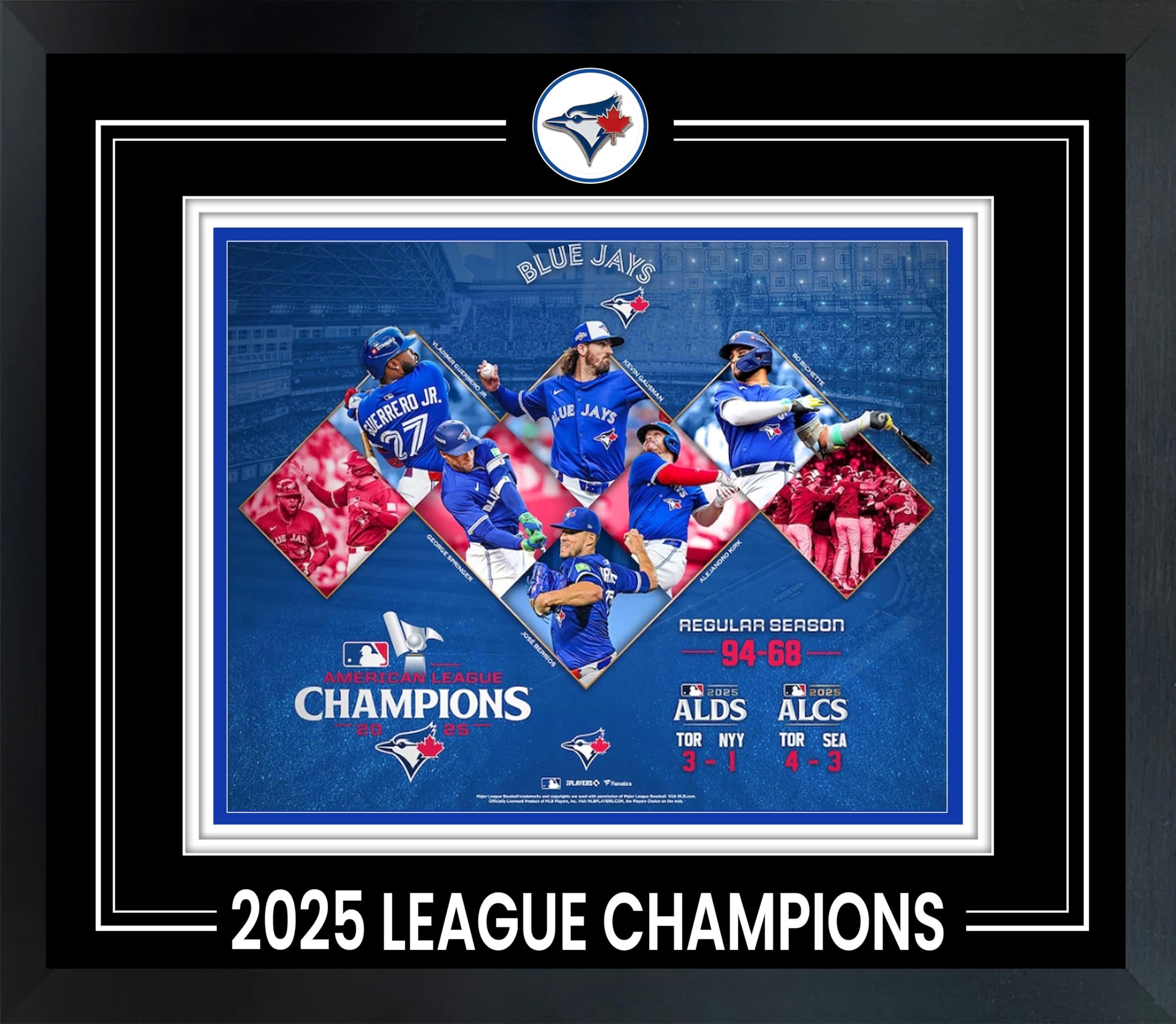 Frameworth Toronto Blue Jays 2025 AL Champions 17x15 Framed 8x10 Photo Collage with Collector Pin Vladimir Guerrero Jr ALCS MVP Official Baseball Memorabilia - 1