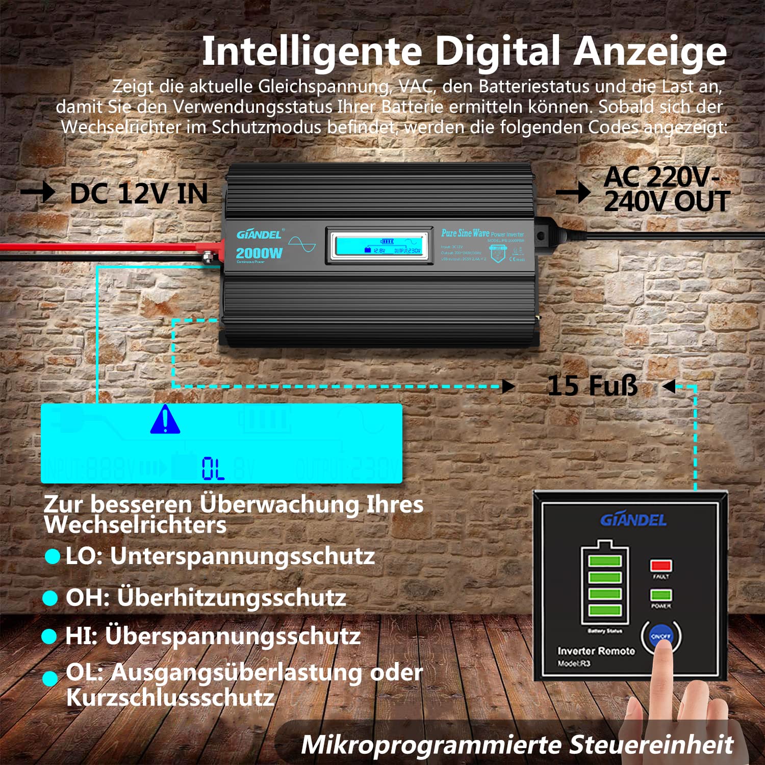 GIANDEL 2000W Inverter Onda Sinusoidale Pura 12V a 230V Anello Magnetico | Convertitore con schermo LCD e compatibilità LiFePO4 per elettrodomestici, casa, camper, camion e solare off-grid