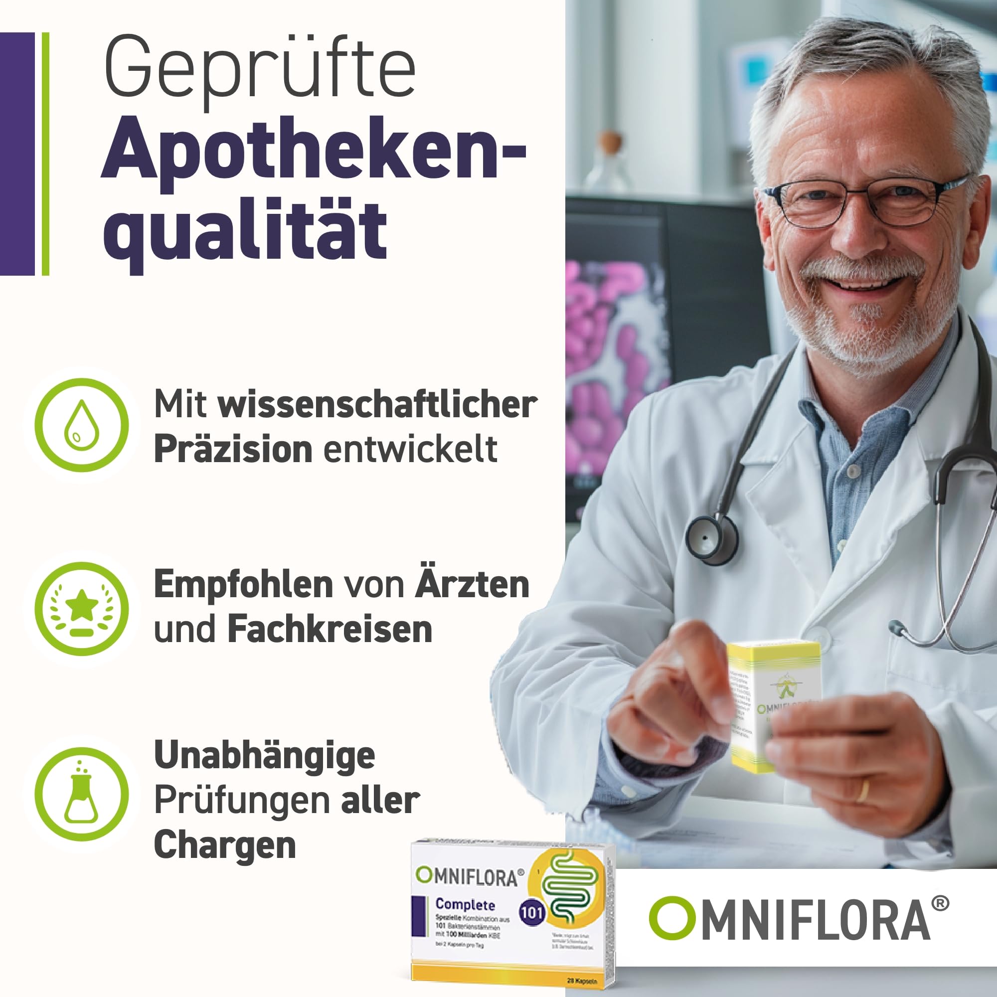 Omniflora Complete – 101 Bakterienkulturen, 100 Mrd. KBE – 28 Kapseln | Mit patentiertem OptiXOS Ballaststoff · 101 Kulturen · 100 Mrd. KBE · Biotin trägt zur Erhaltung normaler Schleimhäute bei