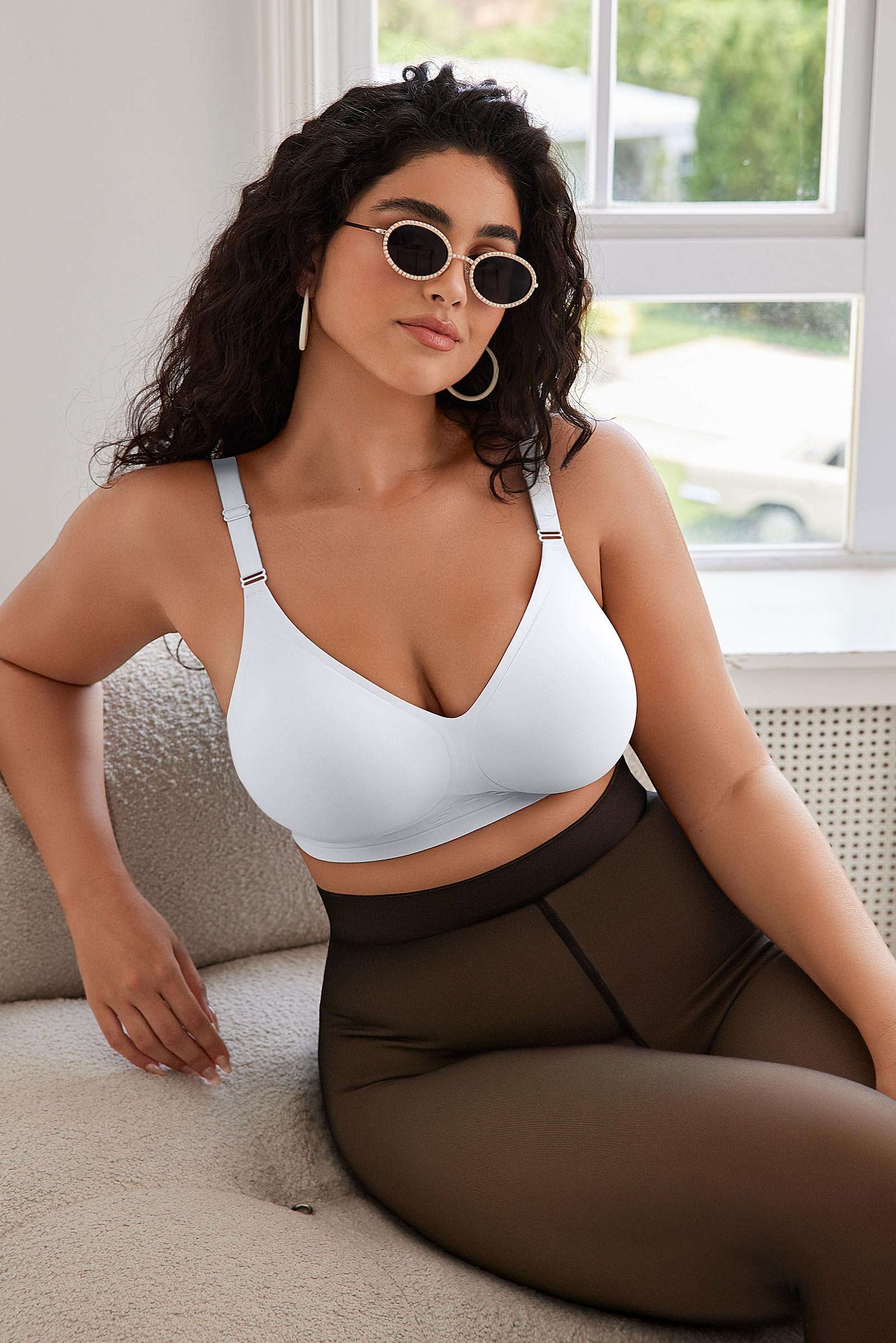 OEAK Brasier sin costuras para mujer, cómodo, sin aros, soporte completo, push up, talla grande, cuello en V, camiseta para dormir