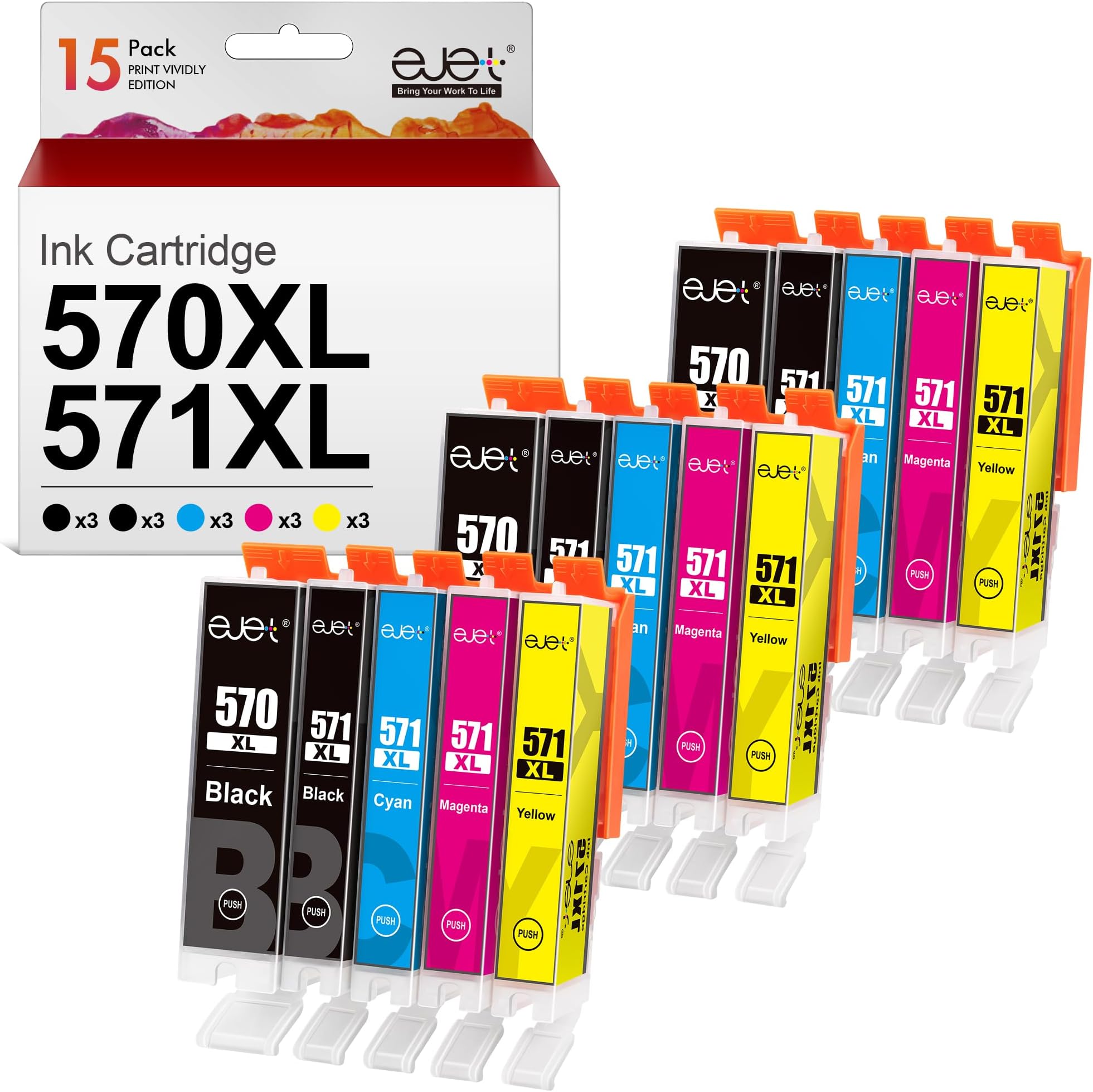 ejet 15er-Pack Kompatible Druckerpatronen für Canon PGI-570 XL CLI-571