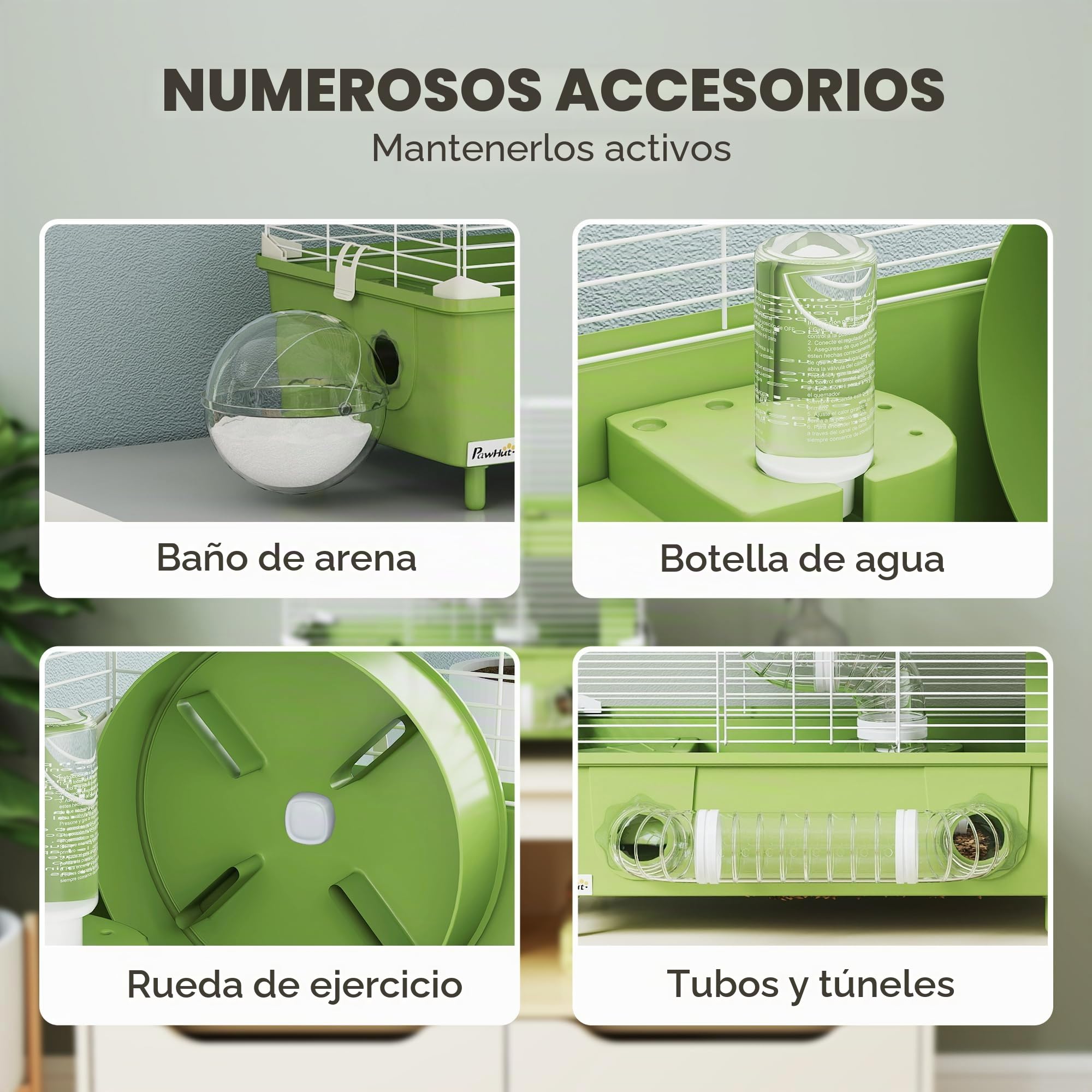 PawHut - Jaula para hámster de 2 niveles, para pequeños roedores con rueda de carrera, baño de arena, sistema de tuberías, para hámster enano, 44,5 x 28 x 44 cm, verde