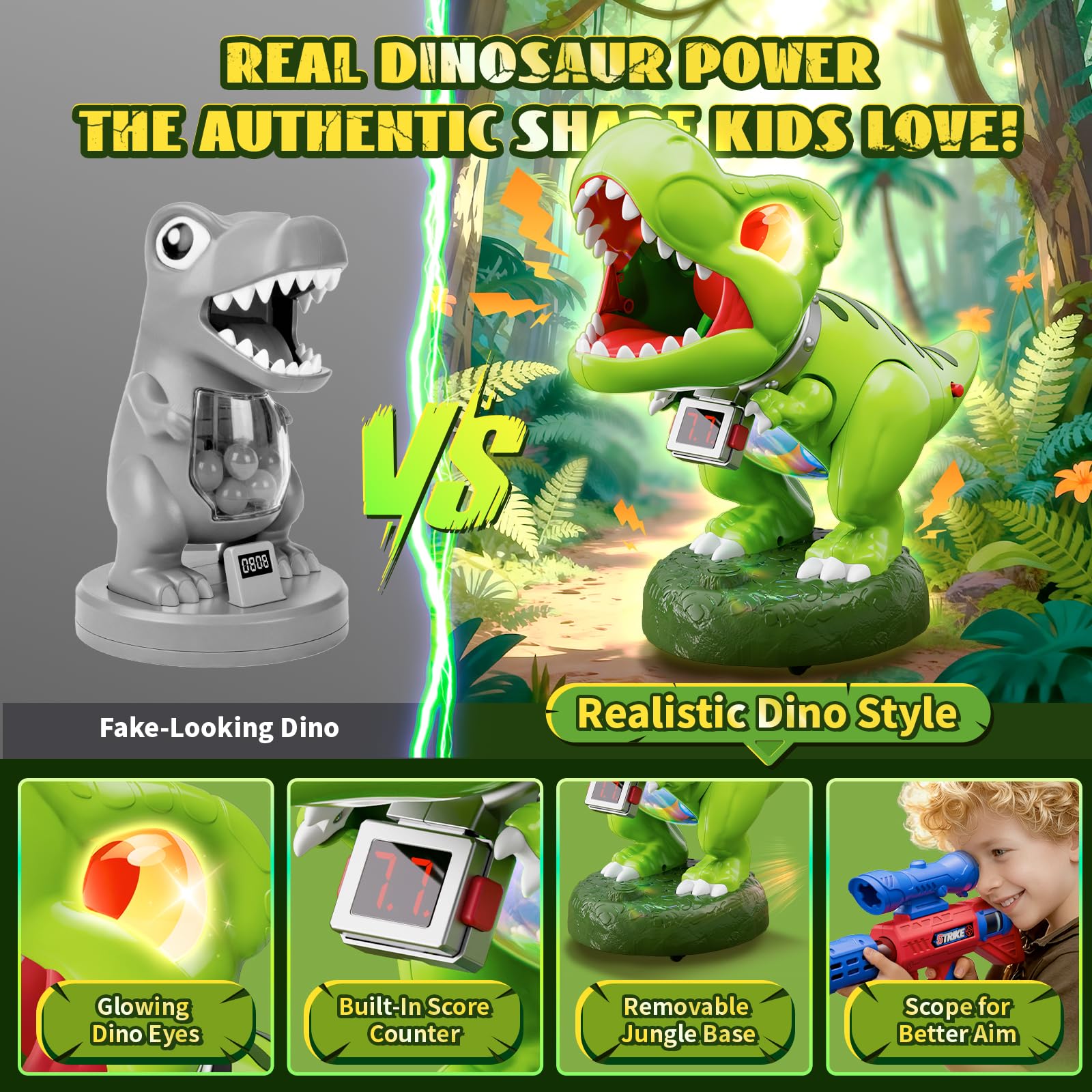 Dinosaur toys for 3-12 boys, Dinosaur Moveable Shooting Toys Games, 2 Pack Air Pump Guns with Scope, Balls, Roaring - Image 2