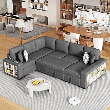 U-Shaped Sectional Sleeper Sofa Bed, 109" Sectional Sofa Couch with Pull-Out Sofa Bed, Two USB Ports, a Storage Chaise Lounge and Four Back Pillows for Living Room, Grey