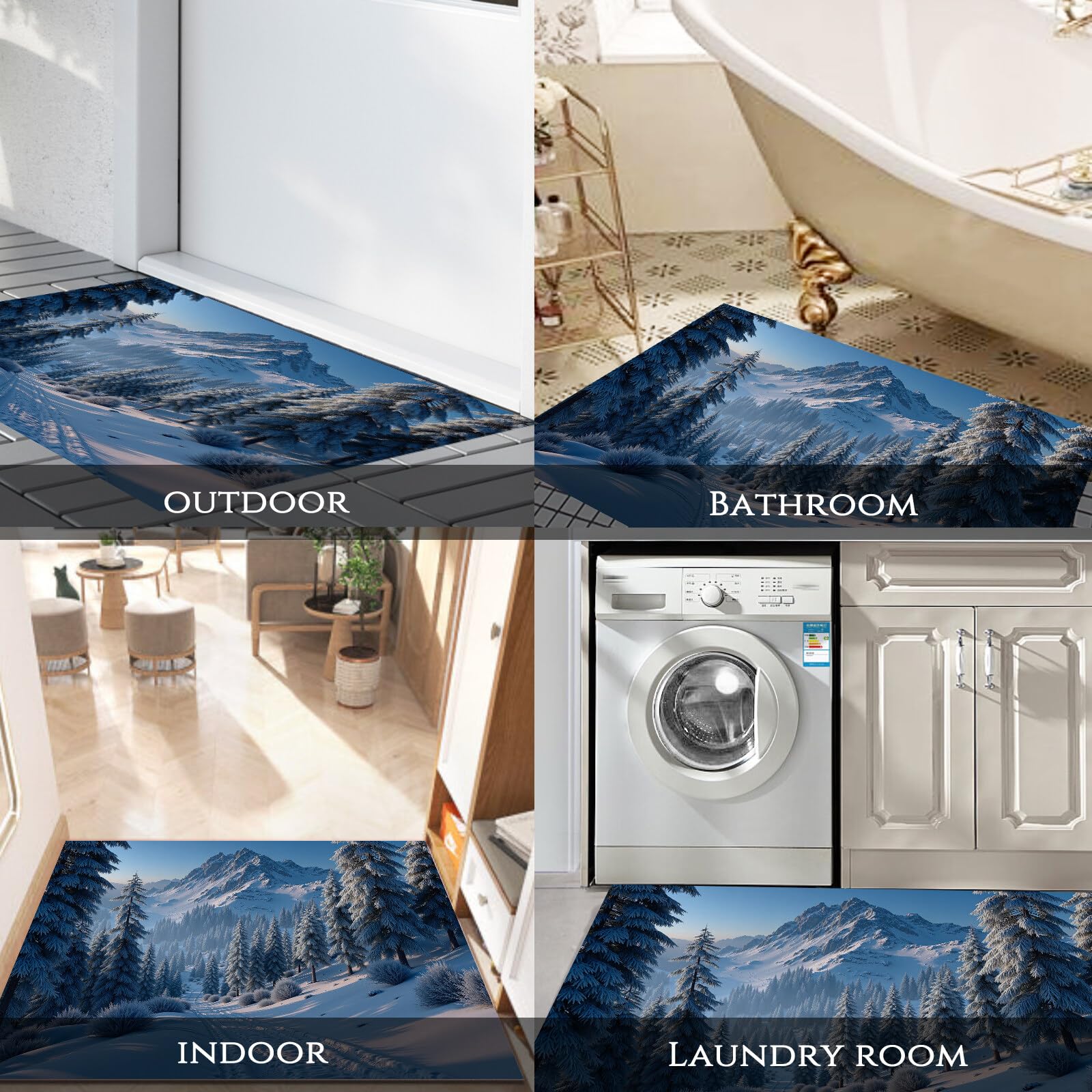 Tapete Azul Blanco Pinos En La Nieve Puerta Felpudo De Entrada Exterior Atrapar Suciedad Alfombra Paisaje Invernal para Interior Jardines Cocina Pasillo Trasera Delantera, 80X120Cm