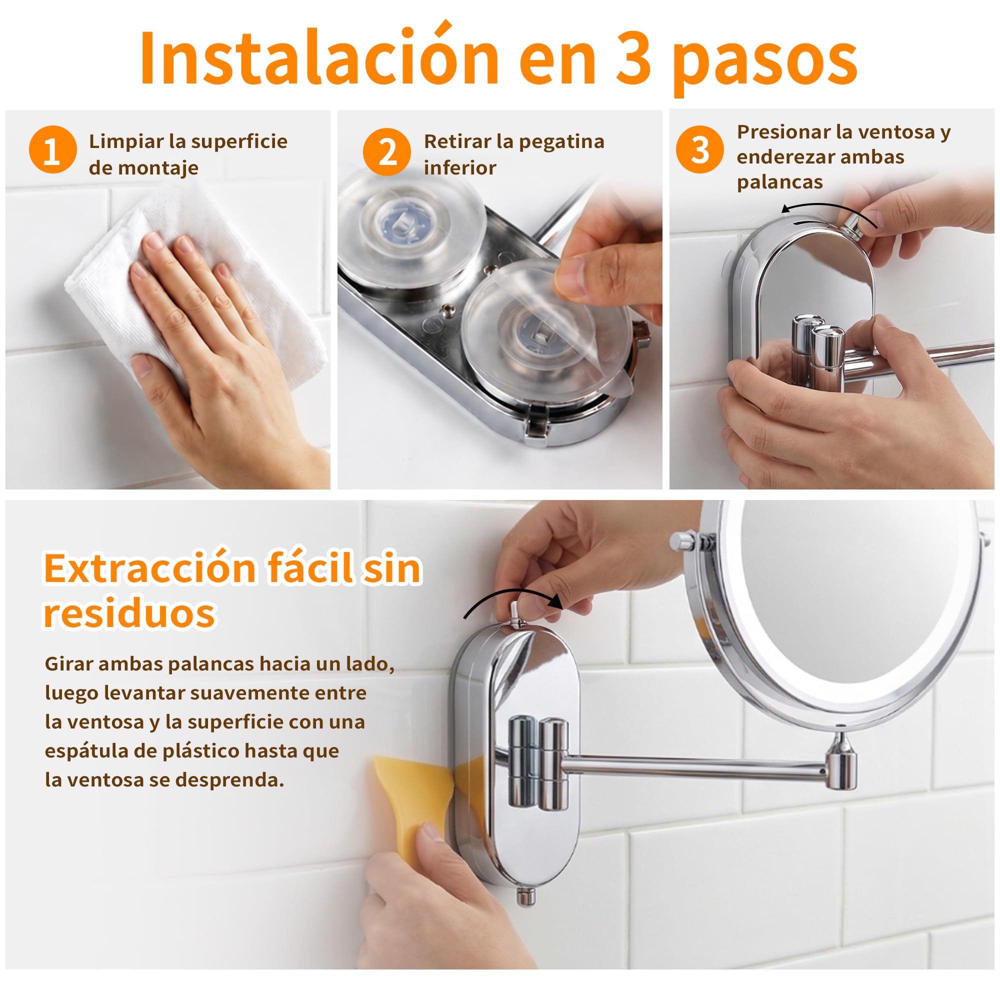 8 Pulgad Espejo Maquillaje con Luz 30X/1X – 4000mAh Espejo Aumento Baño – Aumento Recargable Doble Cara – Espejo Grande Baño Pared Brazo Extensible USB - 3 Colores Brillo Regulable para Hotel, SPA