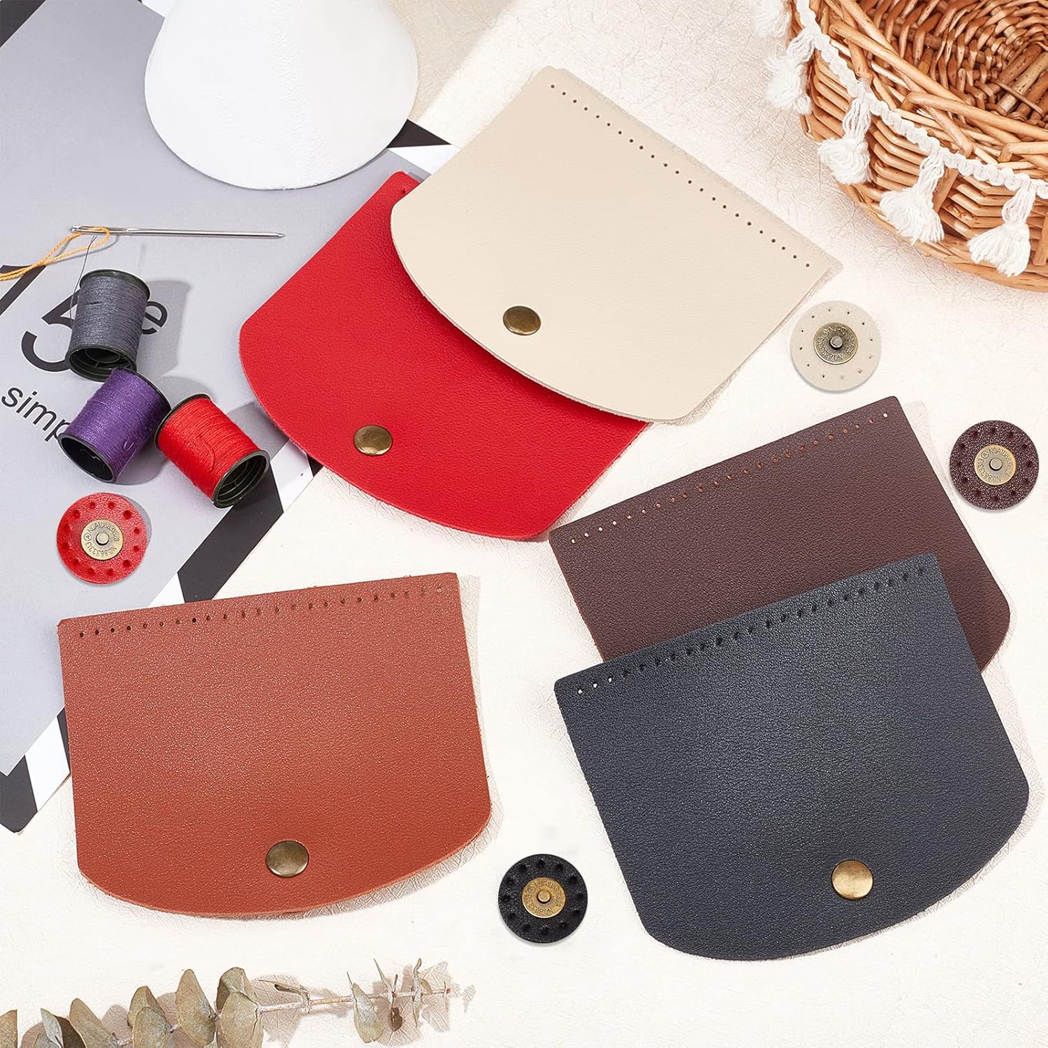 PH PandaHall Bag Flip Cover, 5 Colors 4.7 x 4 Inch Rectangle Imitation Leather Bag Cover Sew on Faux Leather Tab Closure with Alloy Buckle for DIY Handbag Purse Shoulder Bag Making Supplies, 5Pcs/Set