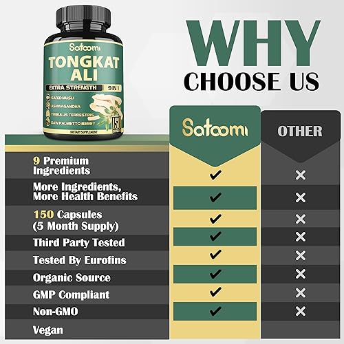Miniatura 4 de Satoomi 9 en 1 Extracto de raíz de Tongkat Ali 2001 - Ashwagandha, Tribulus Terrestris - 150 cápsulas durante 5 meses - Apoya la fuerza, la energía