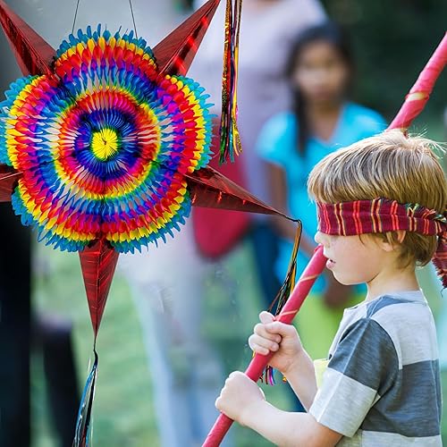 Miniatura 4 de TexMex Fun Stuff - Piña grande, piñata de estrella mexicana, piñata hecha a mano, arco iris, multicolor con 5 conos rojos, plegable con cuerda de 30