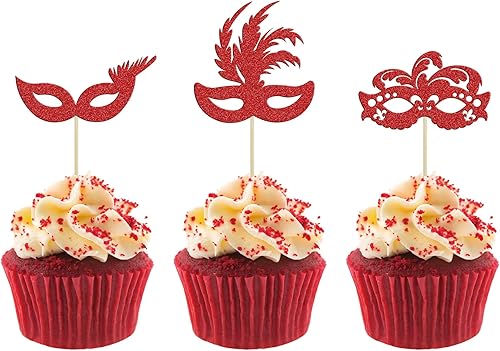 Gyufise 24 máscaras de mascarada para cupcakes con purpurina roja, máscara de despedida de soltera para cupcakes, decoraciones para bailes de