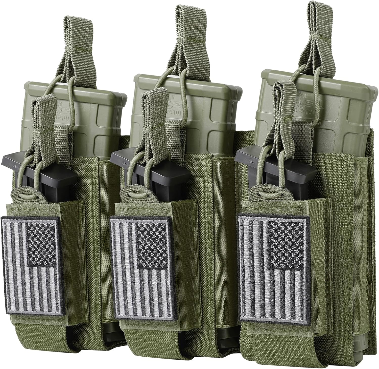 Open-Top Single/Double/Triple Molle Mag Pouch for 5.56mm M4 M16 AK AR Glock M1911 9mm Elastic Rifle Magazines Pistol Mag Pouches Holder Carrier with USA Flag Patch