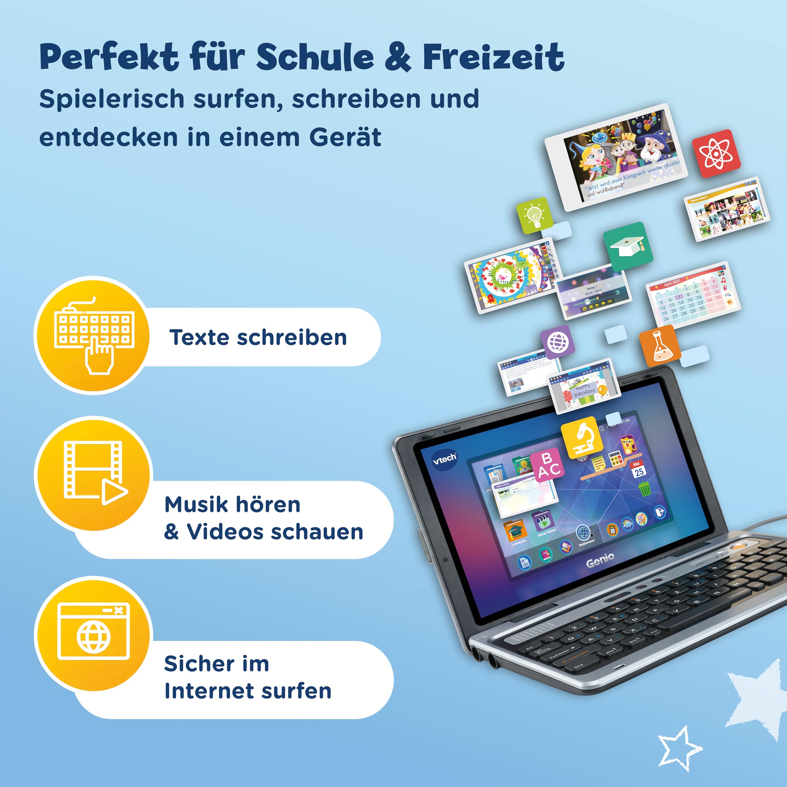 VTech Genio learning laptop XL - komputer edukacyjny z dużym 7" ekranem LCD z dostępem do Internetu, programem tekstowym i dużą ilością treści edukacyjnych - dla dzieci w wieku 5-12 lat, szary