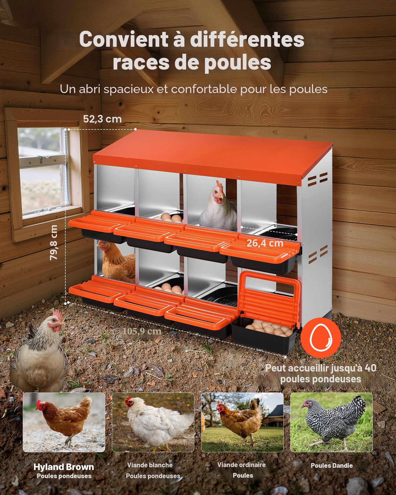 VEVOR Pondoir à Poules, 8 Compartiments, Nichoir en Métal à 2 Niveaux, avec Plateau Incliné, Couvercles de Protection, Espace de Ponte Spacieux, pour Différentes Races de Poules, Canards, Volailles