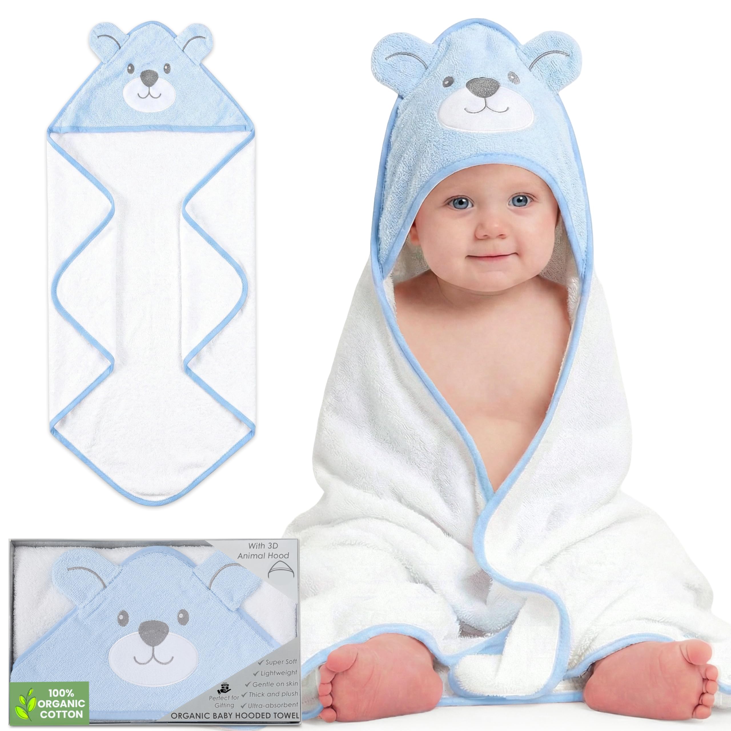 Mother's Choice Organic Hooded Toddler Towels – Large Cotton, Ultra-Soft & Absorbent Baby Towels for Newborns, Infants, Toddlers, Boys & Girls with Animal Hood (Blue Bear)