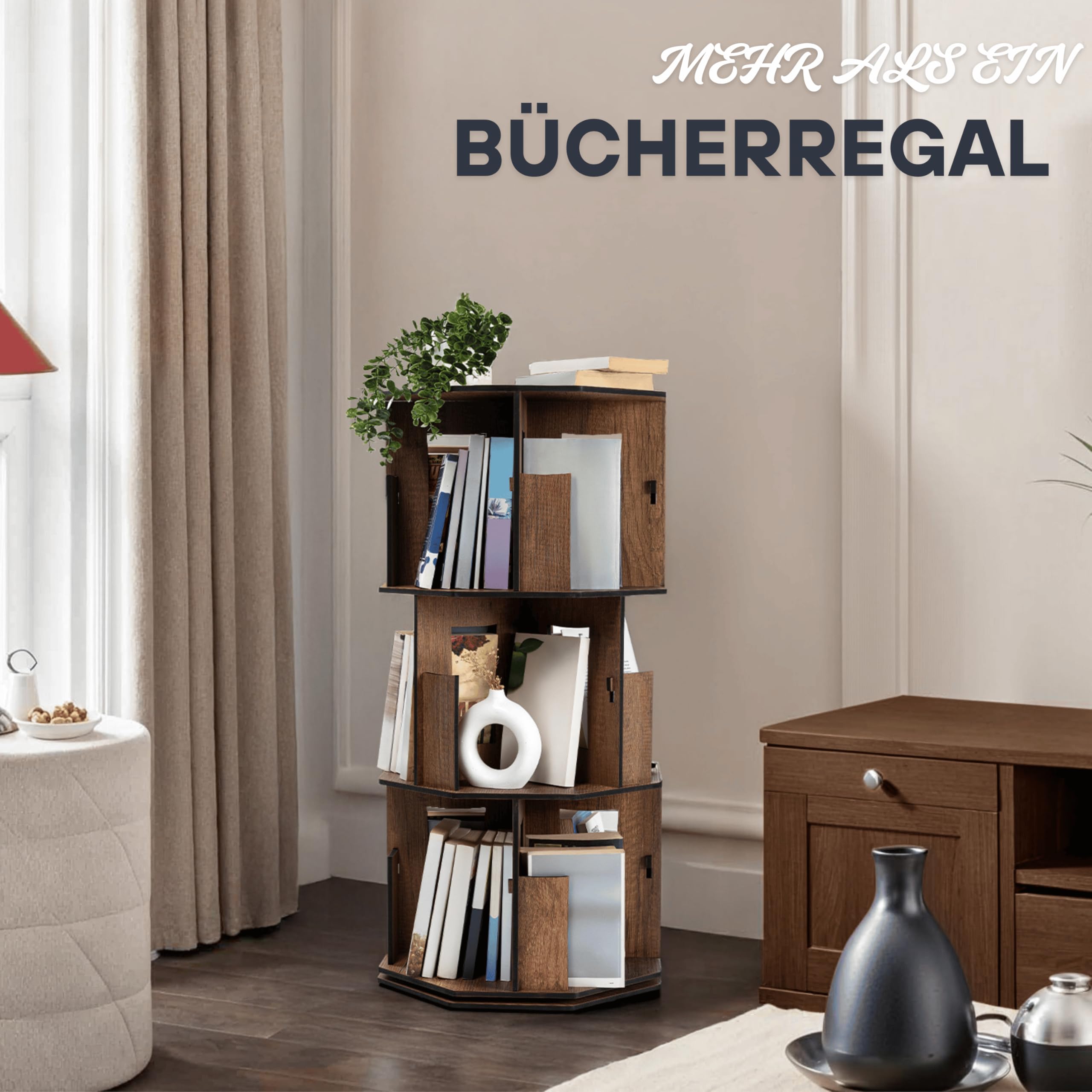 Vigo Wood bücherregal klein in Eichenoptik – 3 stufiges drehbares Bücherregal aus Verbundholz, platzsparend & modern für Kinder bücherregal, bücherschrank (Walnuss, 3 Regale)