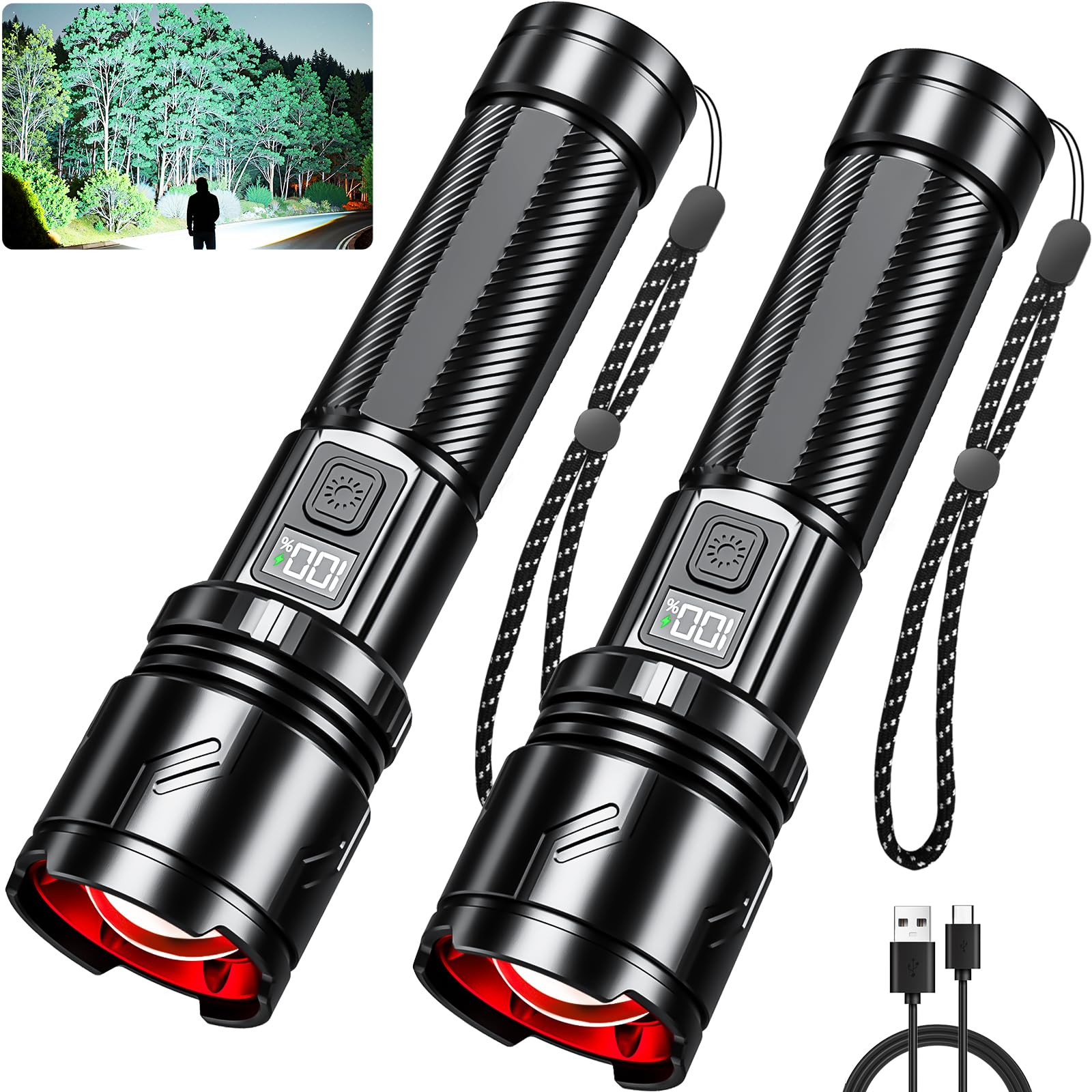 Hriovs Rechargeable LED Flashlight 990000 High Lumens, Super Bright Flashlights with Zoomable & USB Rechargeable & 4 Light Mode & IPX7 Waterproof, Powerful Flash Light for Home, Camping(2 Pack) - 2