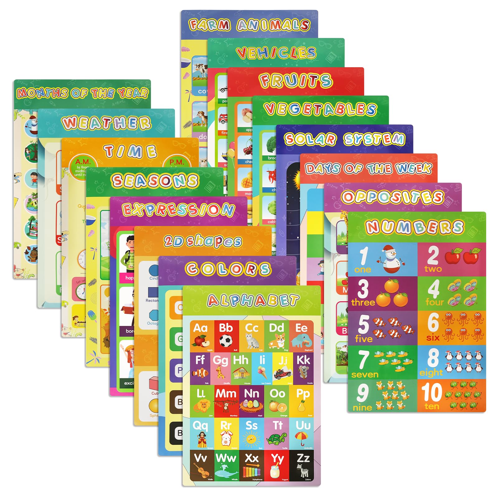 RAYNEAY Educational Posters 16 Pack, Colourful Toddlers Learning Charts Wall Poster with Laminated for Kindergarten Toddlers Home Education, Includes ABC Alphabet, Science, and Math, A3 Size
