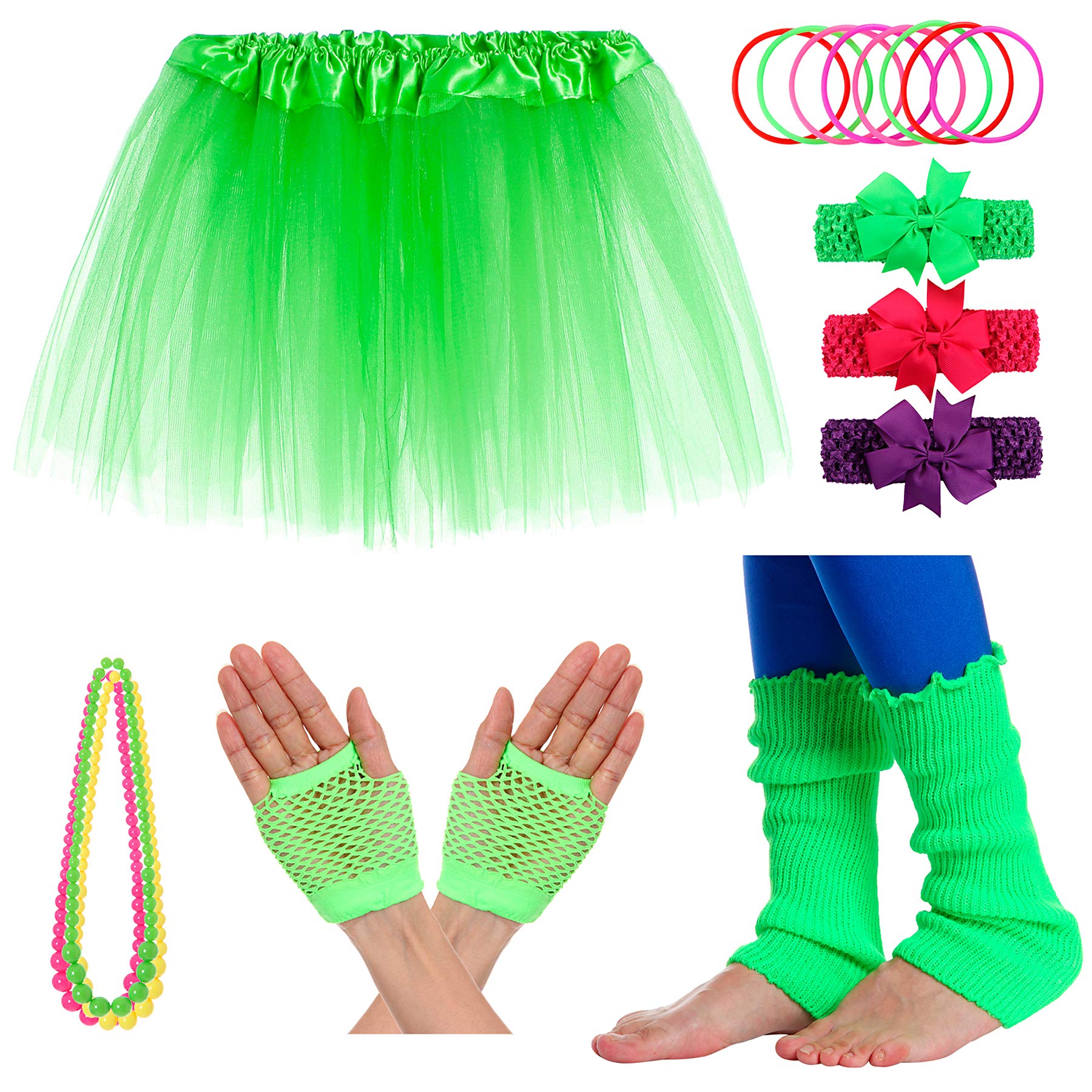 JustinCostume Girls' 80's Accessories Headwear Skirt Leg Warmers Gloves Green A