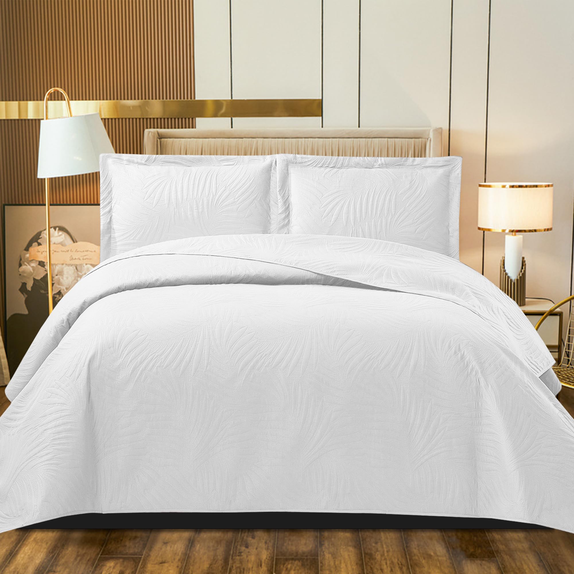B&B Quilted Bedspread Bed Throws - Luxury Embossed Tropical Leaf Pattern Reversible Quilt Bedspreads Coverlets for Bedroom Decor with Matching Pillow Shams (Single, white) โ image 1