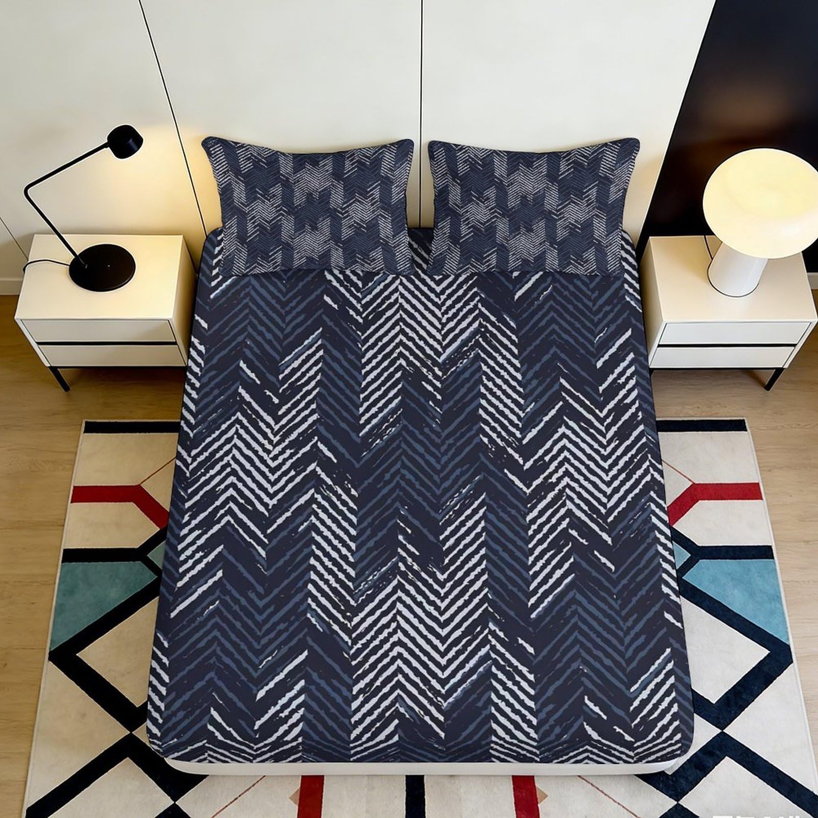 3D Printed Chevron Pattern Fitted Sheet Microfiber Soft Navy Blue Geometric Mattress Cover for Bedroom Dorm Easy Care 90x200x25cm