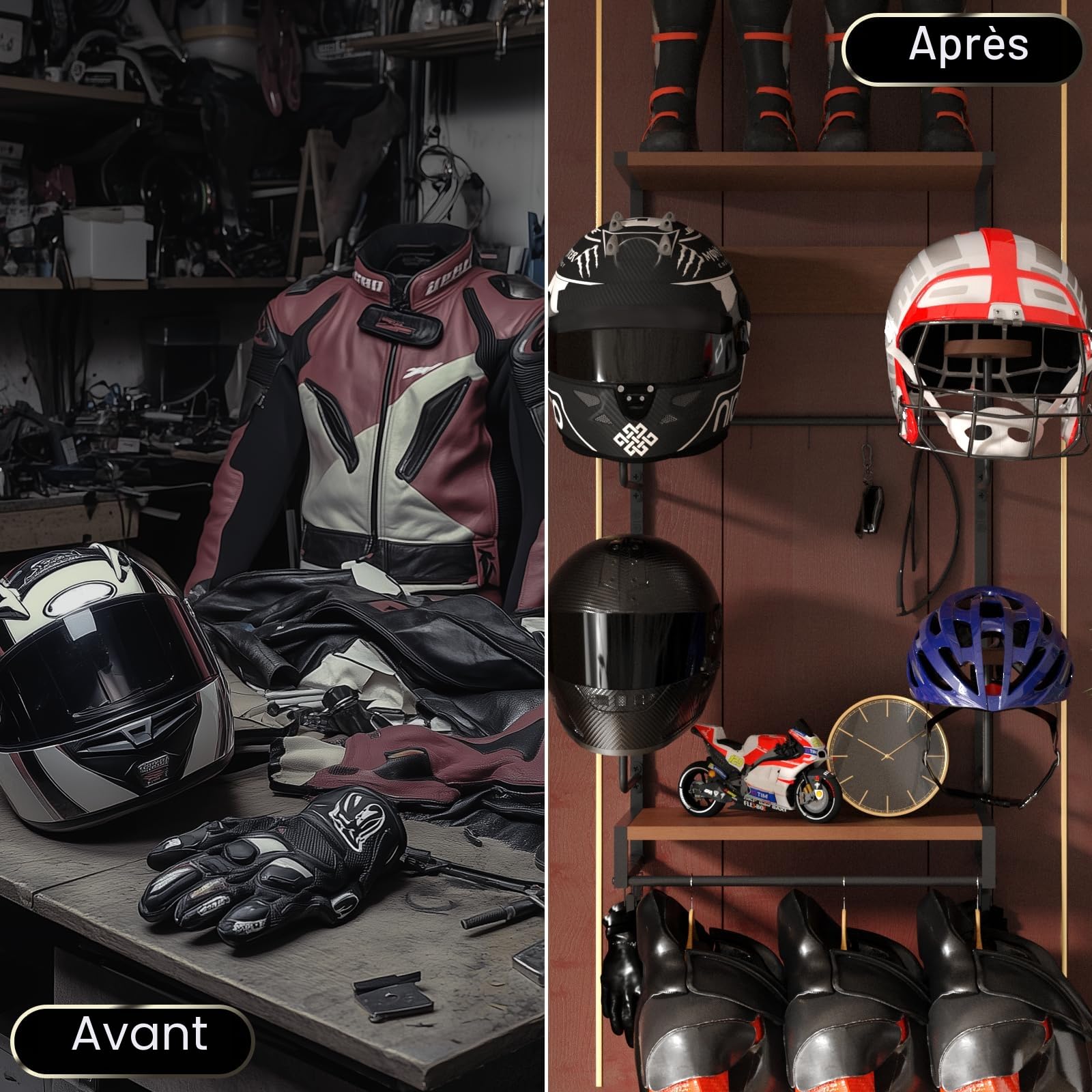 Support Casque Moto pour Accrocher Casquettes et Vestes, Accessoire | 4 porte casque moto, 2 étagères, 4 clips, 5 crochets pour le rangement des équipement de moto, des gants, des clés
