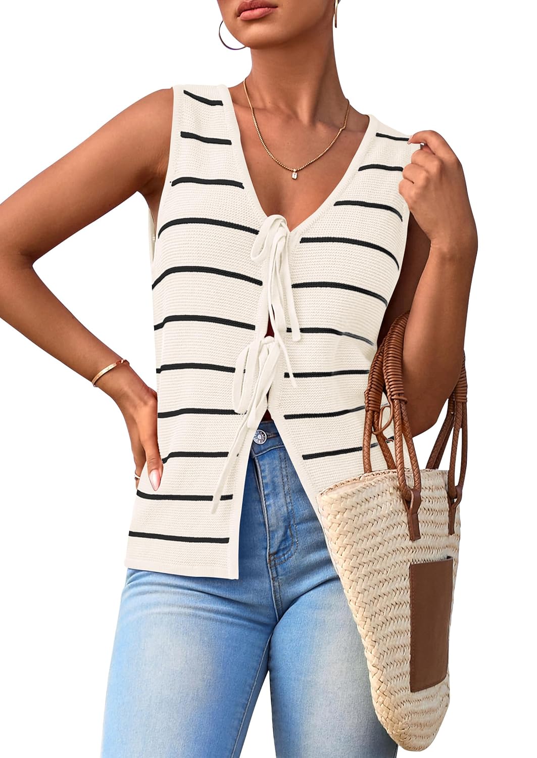 NALANISA Womens 2025 Summer Trendy Tank Tops Crochet Knit V Neck Sleeveless Tie Front Striped Sweater Vests Beach