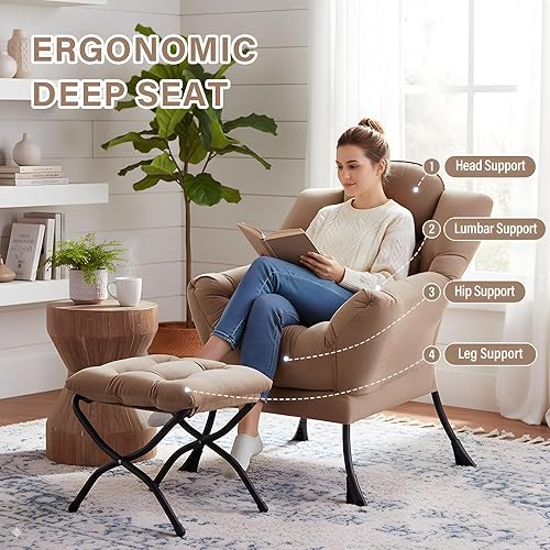 Miniatura 3 de Silla Lazy con otomana, sillón moderno con almohada lumbar, silla de lectura acogedora y reposapiés plegable para dormitorio, sala de estar, caqui