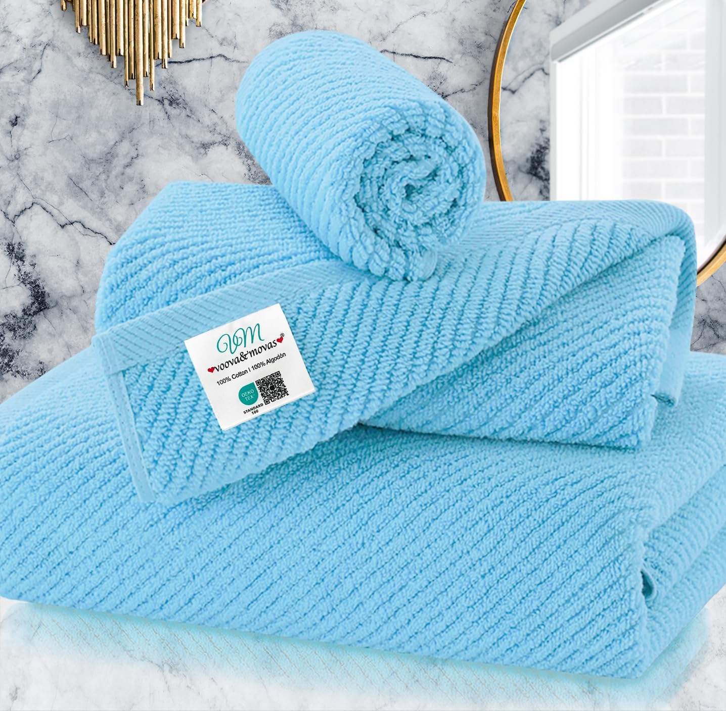 VOOVA & MOVAS Ocean Blue Towels for Bathroom, 100% Cotton | Quick Dry | Soft | Thick,3 Piece Towel Set, 1 Large Bath 30" x 56", 1 Hand 18" x 28", 1