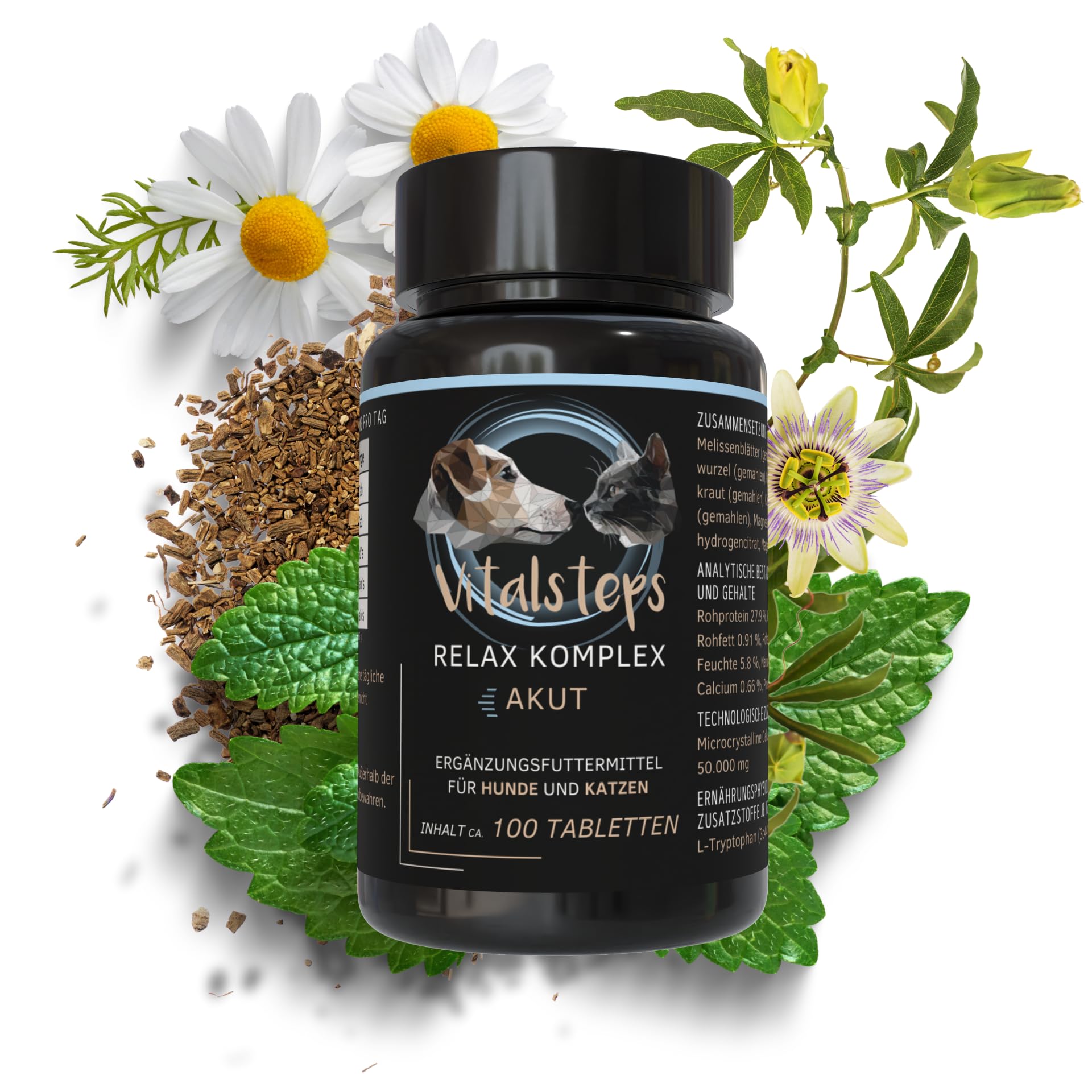 Relax Komplex | Mit Baldrian, Zitronenmelisse, Kamille, Passionsblume u. L-Tryptophan für Hunde u. Katzen ca. 100 Tabletten