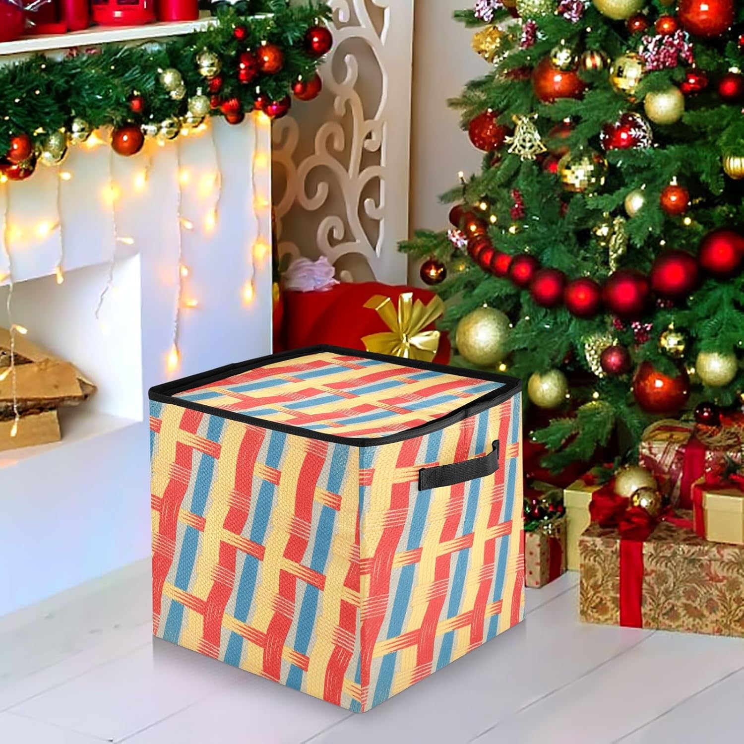 High Capacity Christmas ornament organizer storage Holds Up to 64, Adjustable Dividers, Zippered Top, Two Handles handy Holiday Storage Case with Lid,Colorful Japanese Stripe