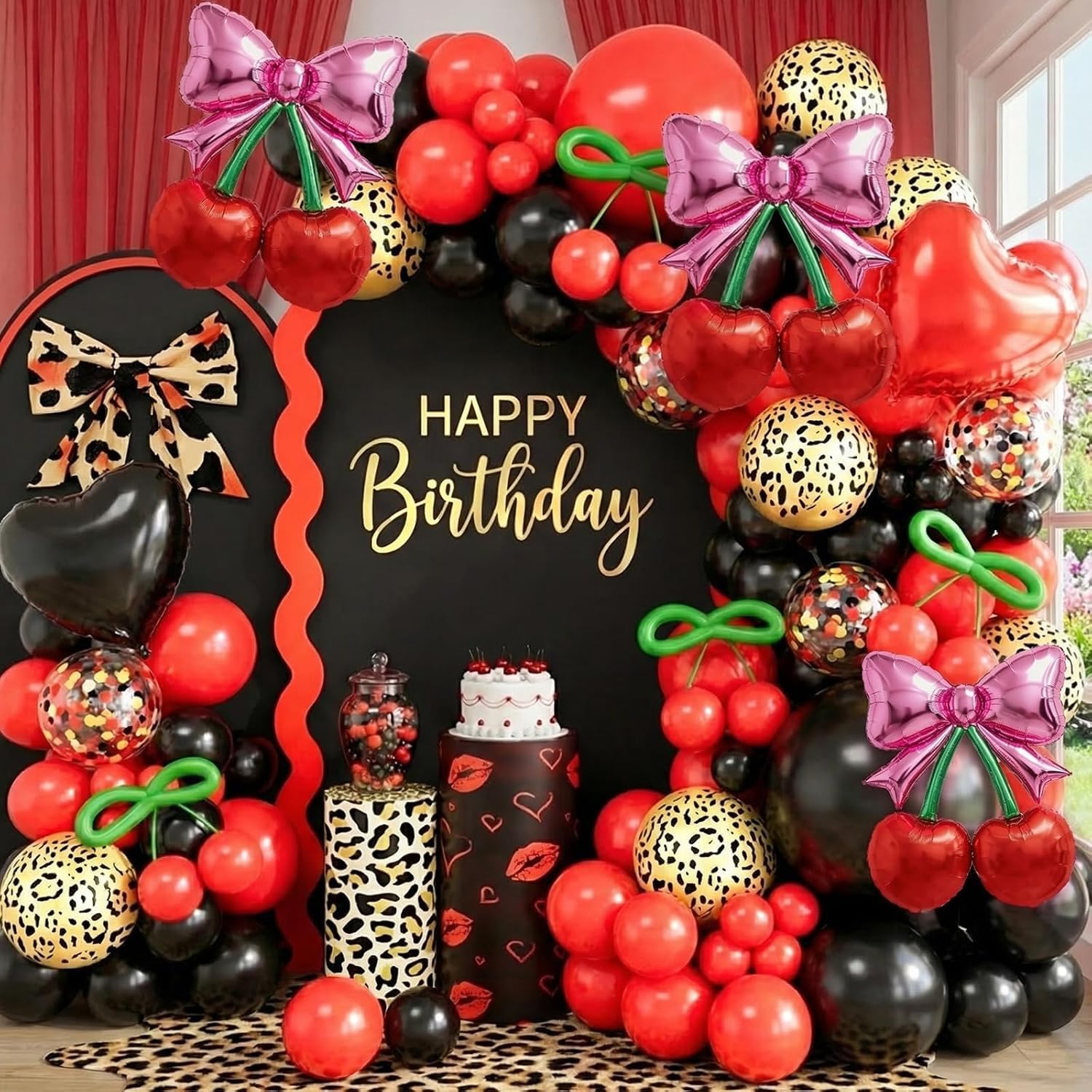 Cheetah Cherry Balloon Arch Kit, Leopard Balloons Garland with Cherry & Heart Foil Balloons, Cheetah Print Birthday Decorations, Red and Black Party Decorations for Girls Party, Bachelorette โ image 1