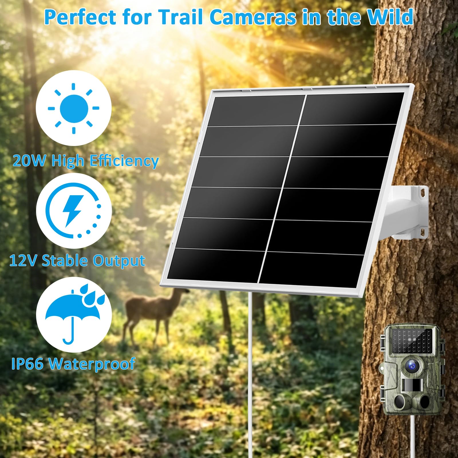 Pannello solare da 20 W 12 V per fotocamere da trail, caricatore solare CC con uscita 5,5 x 2,1 mm, impermeabile IP66, supporto regolabile a 360° per caccia, fattoria e uso esterno, confezione