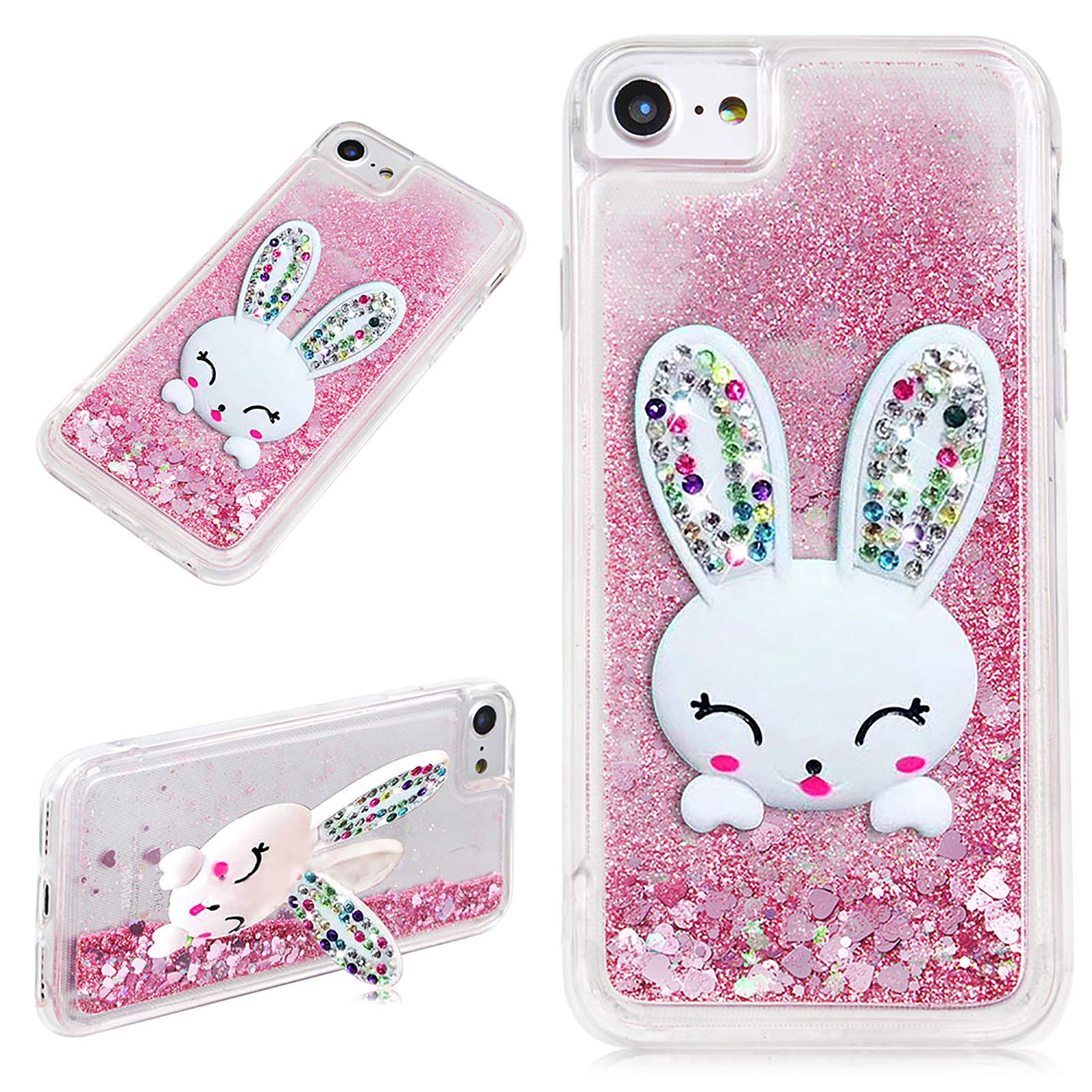 LCHDA for Samsung Galaxy S21 6.2 Inch Glitter Liquid Case with Bunny Ears Holder Sparkle Floating Quicksand Luxury Bling Cute 3D Cartoon Rabbit Kickstand Crystal Bumper Cover for Girls - Pink