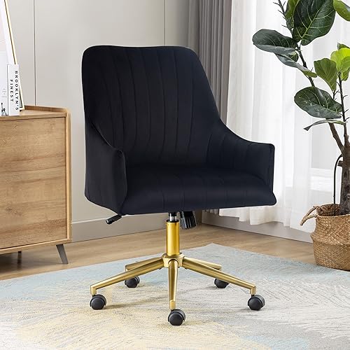 Silla de escritorio para oficina en casa, silla decorativa moderna de terciopelo, silla de oficina tapizada negra con base dorada con ruedas
