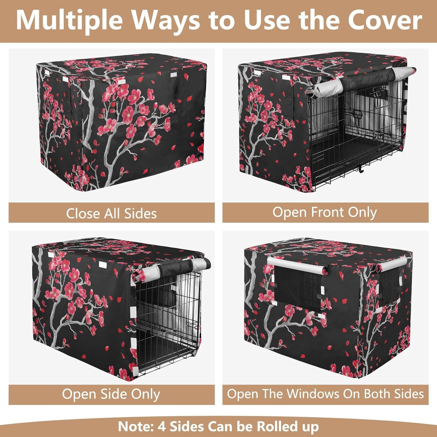 Red Flowers Gray Branches Black Dog Crate Cover Water-Resistant, S-XL Breathable Covers for Pet Cages, Large