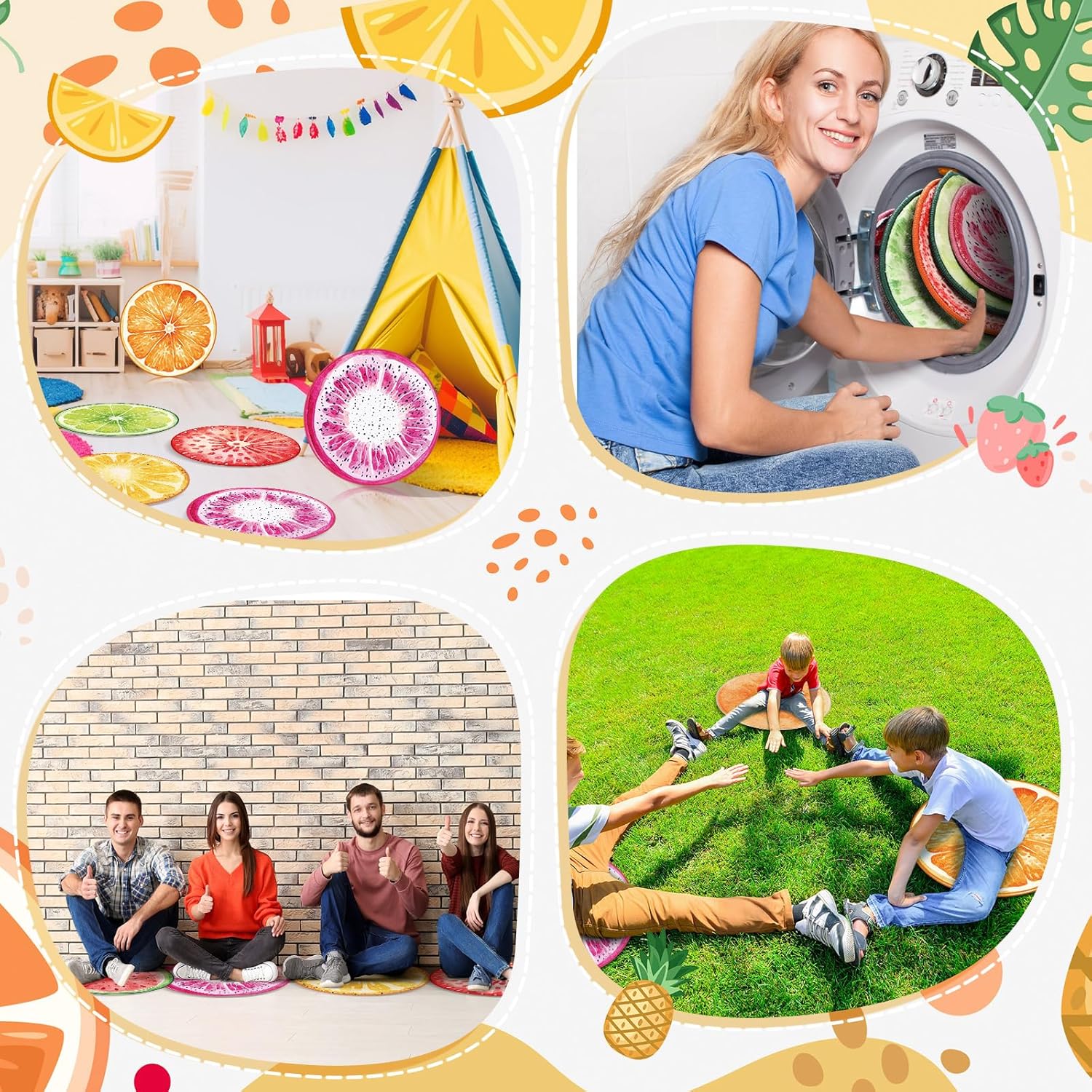 12 PCS Carpet Circle Seats for Classroom Watercolor Fruit 16" Classroom Round Rug Non Slip Floor Mats Soft Thin Circle Time Mat for School Learning Playing Areas Group Activity Decor