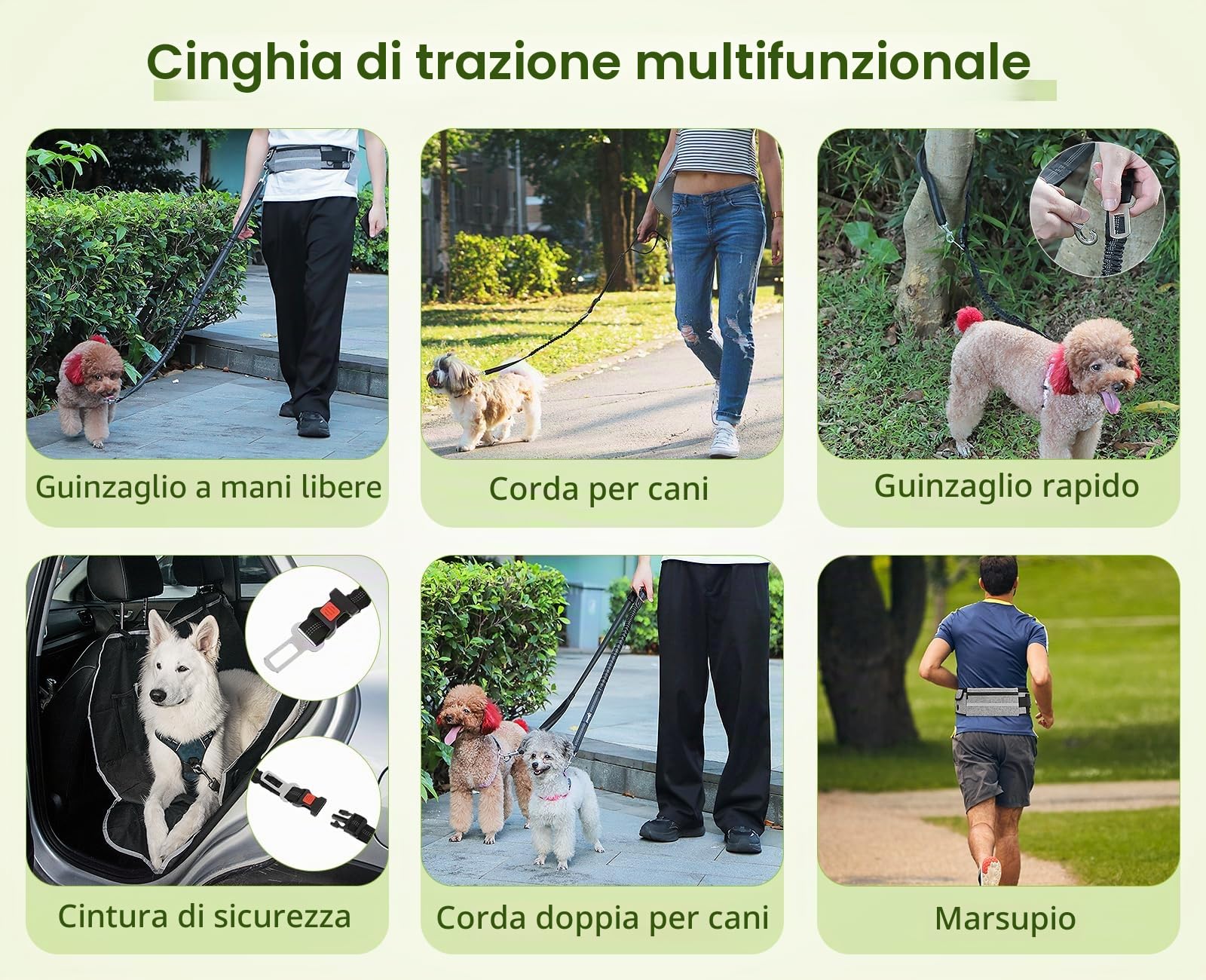 Pecute Guinzaglio Mani Libere per Cani,Guinzaglio per Cani, Camminata, Allenamento, Escursionismo, Cintura in Vita Regolabile e Custodia per l'acqua, per Corsa, Jogging, Grigio Chiaro