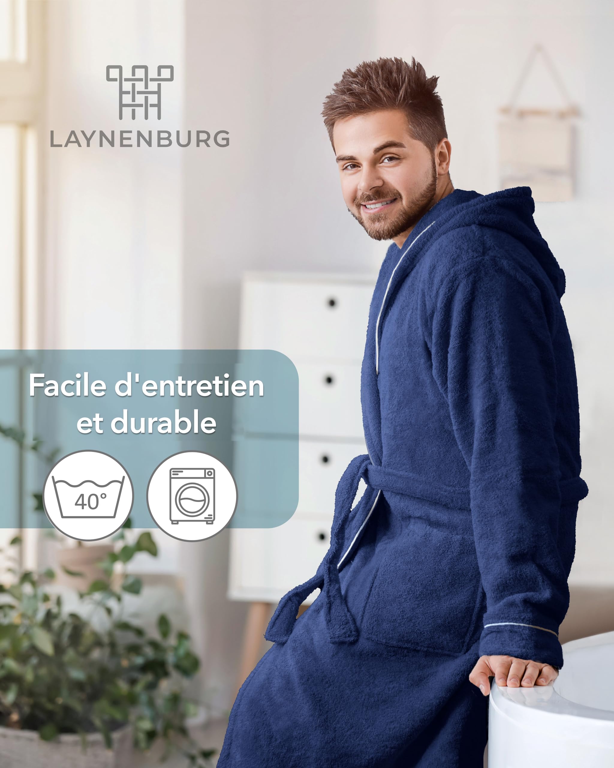 LAYNENBURG Peignoir Homme en éponge - Capuche - long - 100% coton (360g/m2) - OEKO TEX Standard 100 - Taille M, L, XL, XXL, 3XL