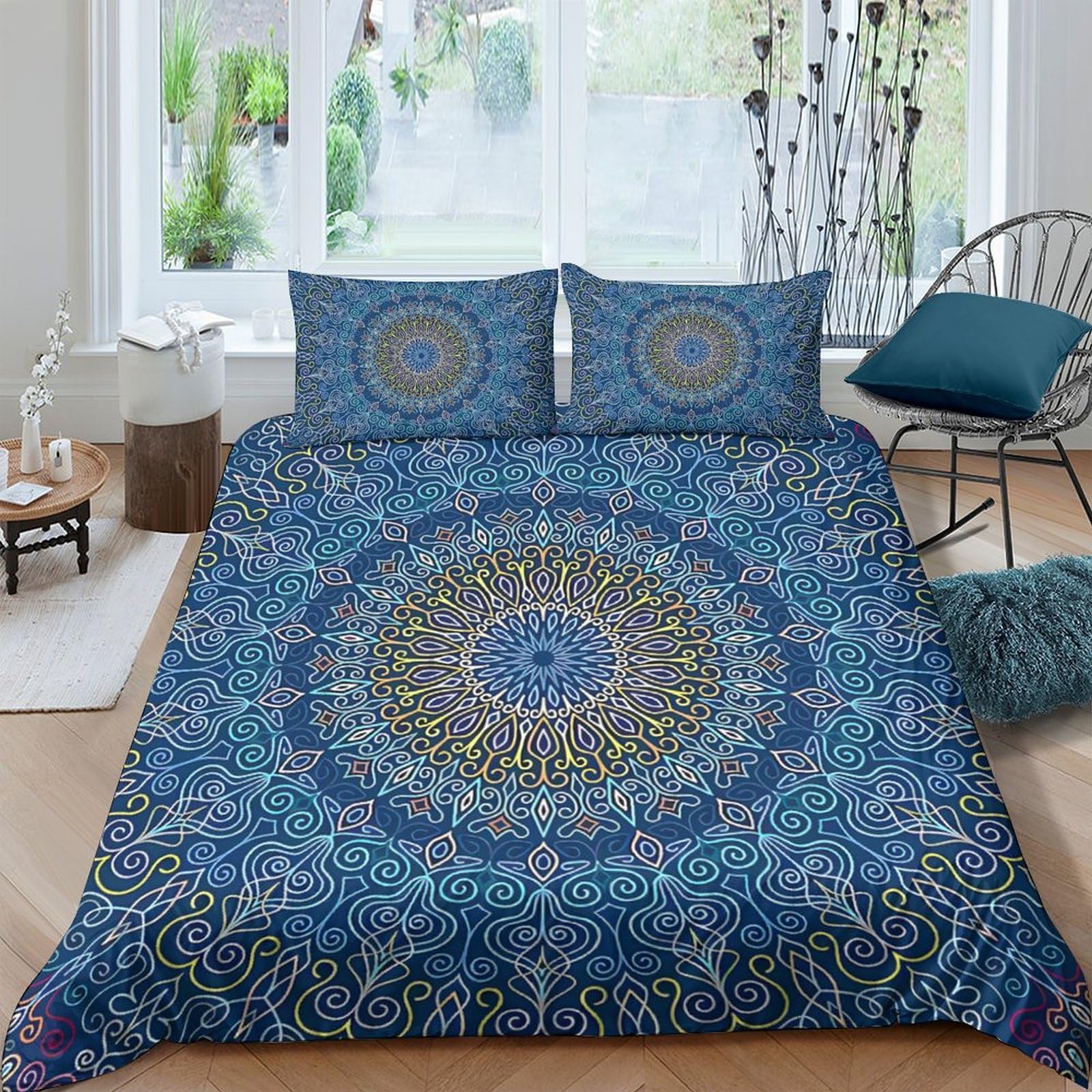 Ctjqhvkz Style-6 3D Printed Mandala Blue Fitted Sheet Microfiber Soft Decor Lotus Pattern Mattress Cover For Bedroom Guest Room Dorm Single（135X200cm）