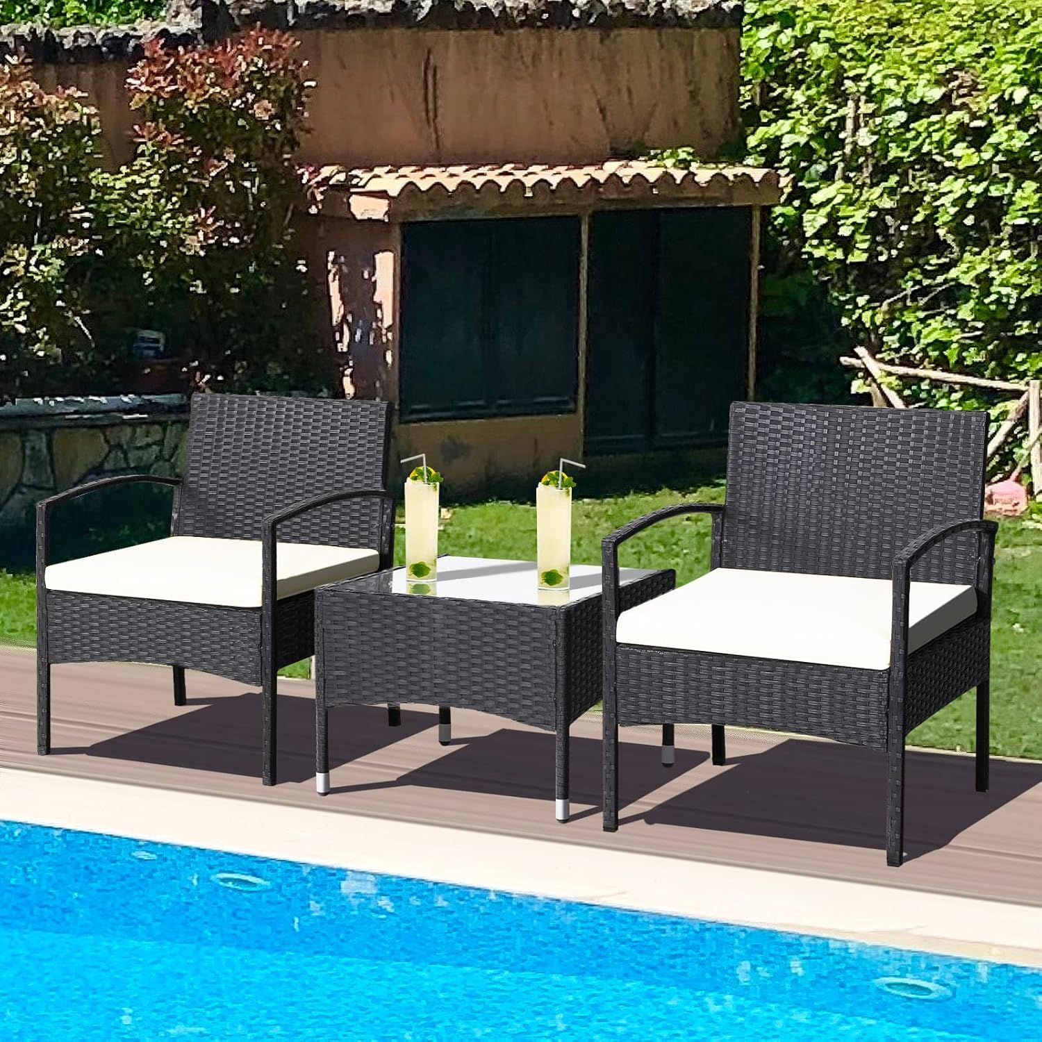 DORTALA 3 Piece Wicker Patio Furniture Set, Outdoor PE Rattan Conversation Set with Chairs & Coffee Table for Patio Garden Lawn Backyard Pool, Off White