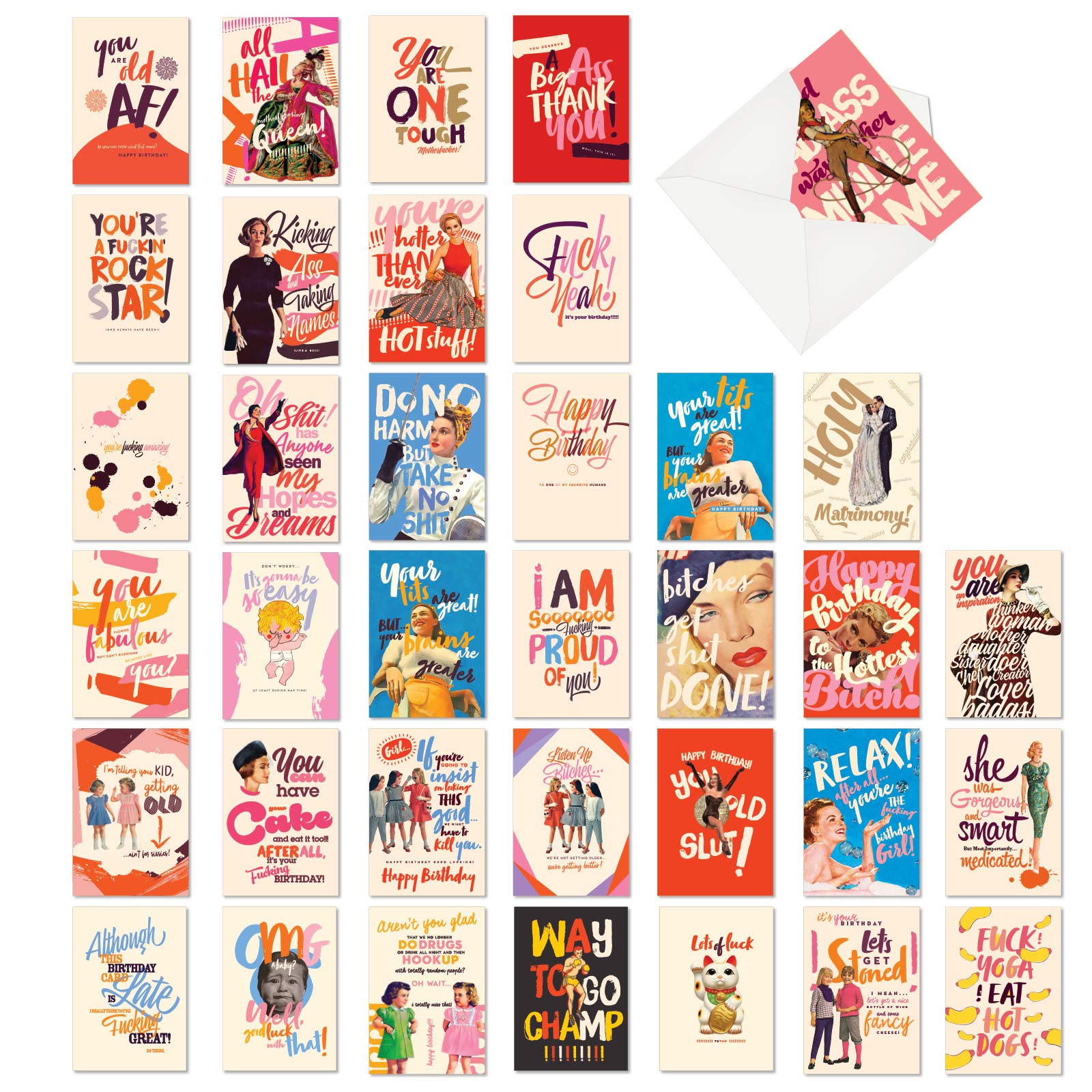 NobleWorks - 36 Assorted Funny Mixed Occasions Blank Greeting Cards Bulk Box Set w/Envelopes, Adult Humor Get Well, Variety Pack for Men and Women (36 Designs, 1 Each) - Mega AC9135XXG-B1x36