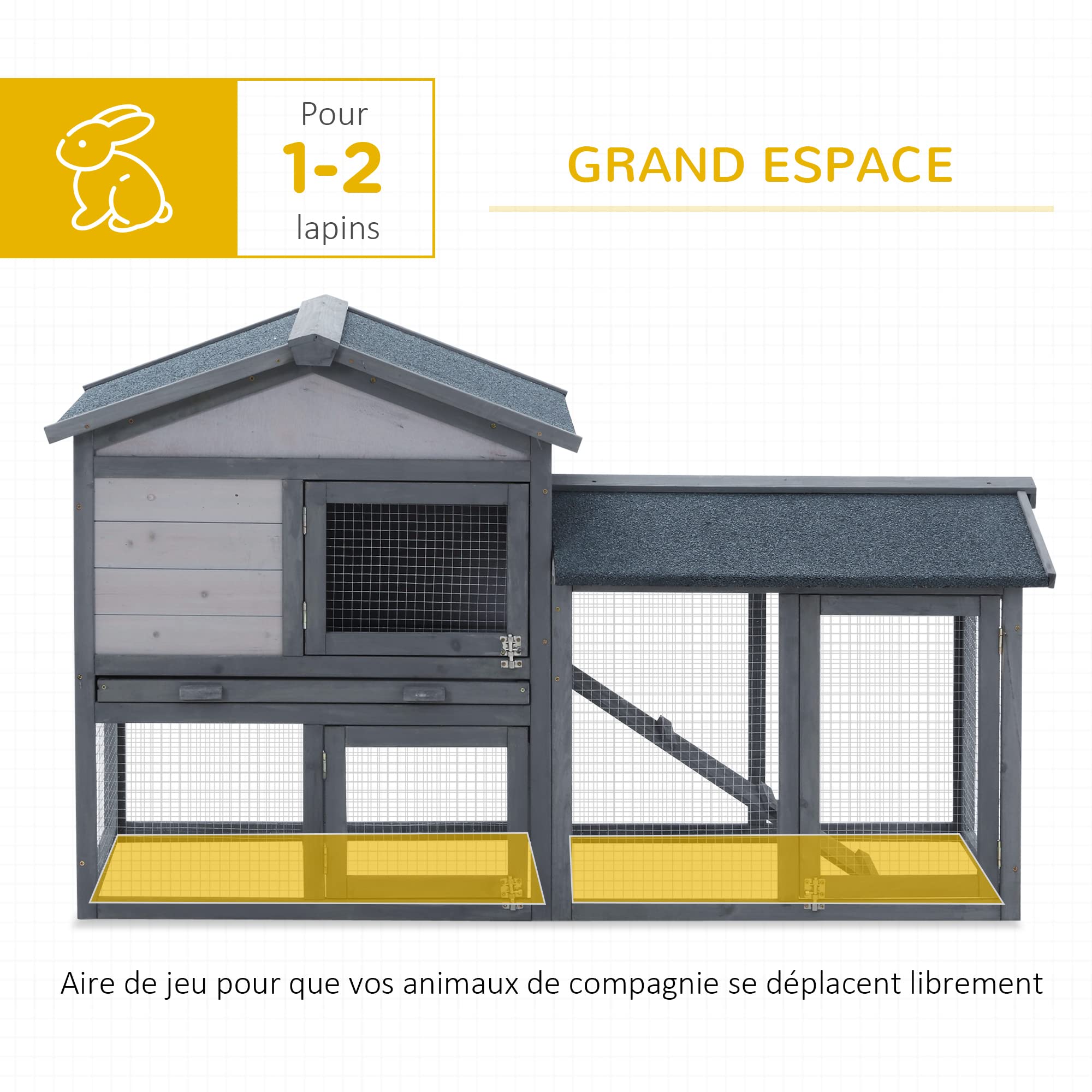 PawHut Clapier Cage à Lapins rongeurs 2 Niveaux clapier Lapin Nain avec 3 Portes verrouillables tiroir à déjection Toit intégral bitumé 147L x 54l x 84H cm Bois Massif pin Gris
